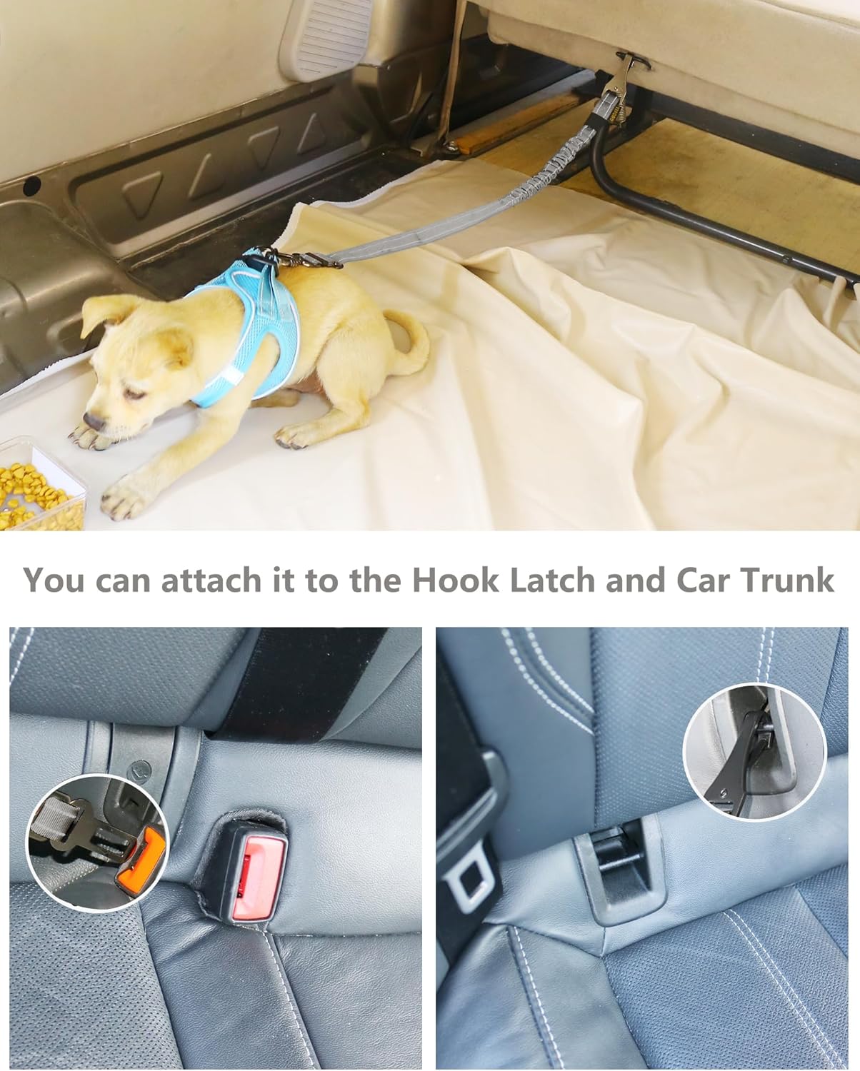 AUBELL Dog Seat Belt for Car,2 Pack Set 3-in-1 Adjustable Reflective Bungee Heavy Duty Dog Car Harness Tether with Clip Hook Latch & Buckle,Swivel Zinc Alloy Carabiner,Black+Grey