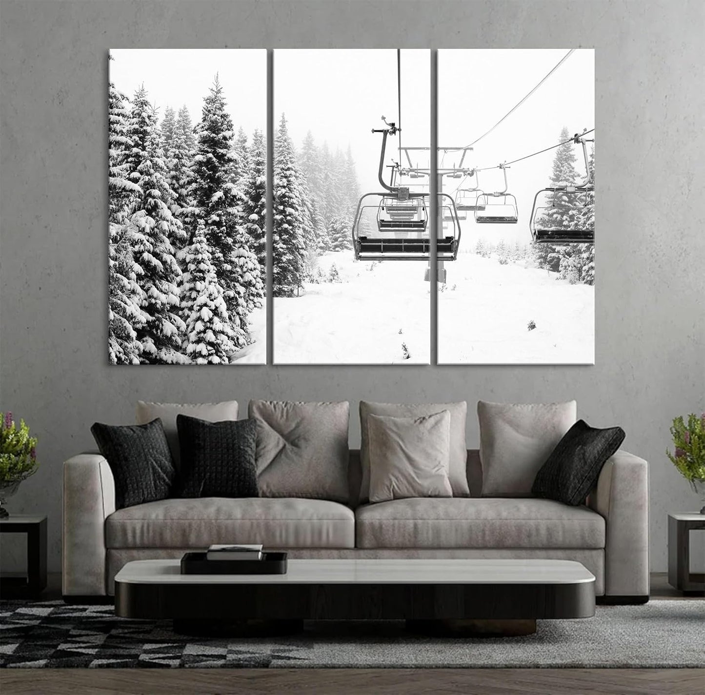 Nature Wall Art Prints - Ocean Forest Mountain Lake Canvas Landscapes - Small to Extra Large Living Room Bedroom Kitchen Bathroom Décor (Ski Lift on Snowy Mountain, 55L" x 83W"- 3 Panels)
