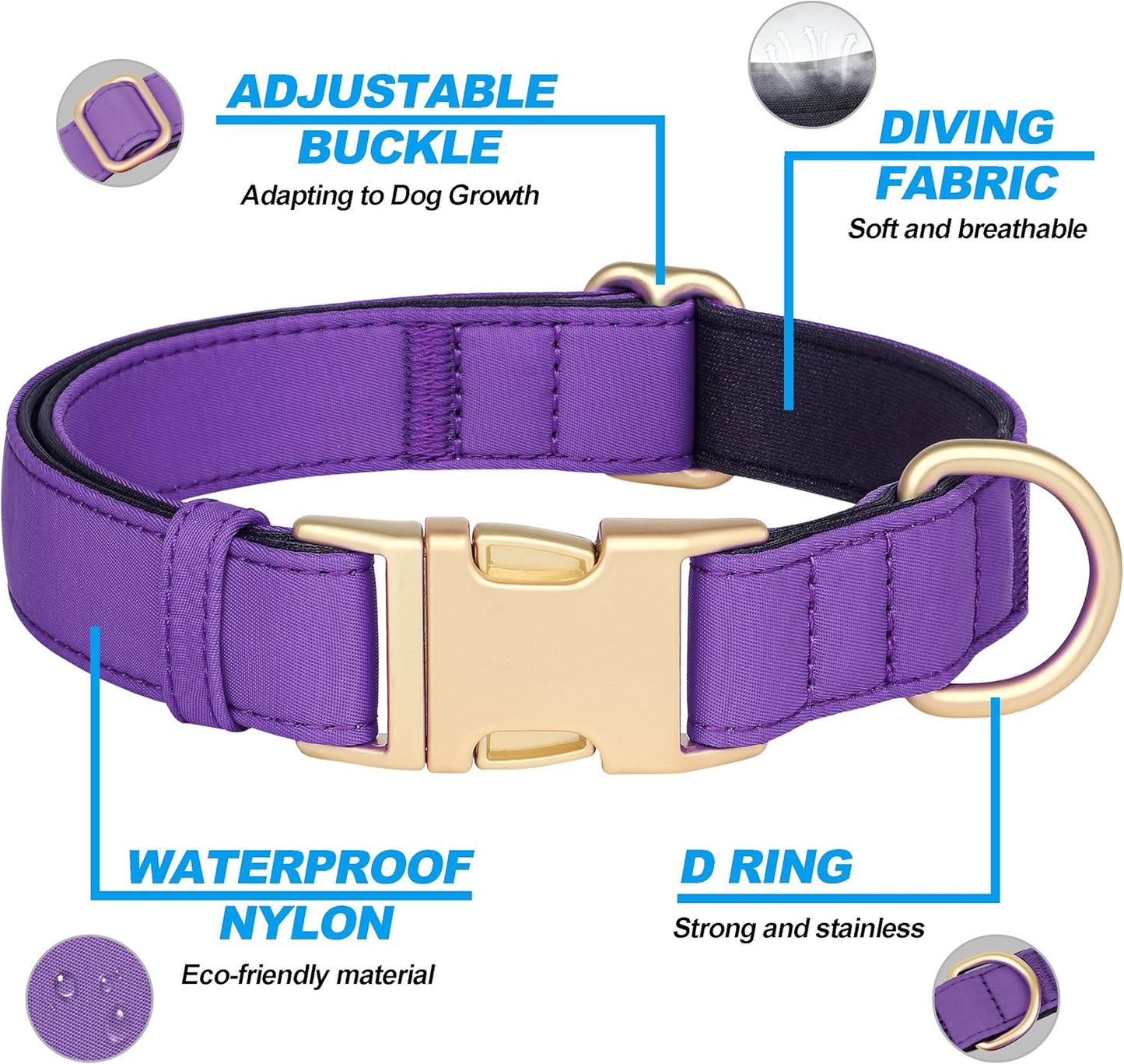 Didog Soft Padded Dog Collar for Large Dogs, Colorful and Durable Pet Collar with Quick Release Buckle, Light and Breathable for Daily Walking, Purple, L