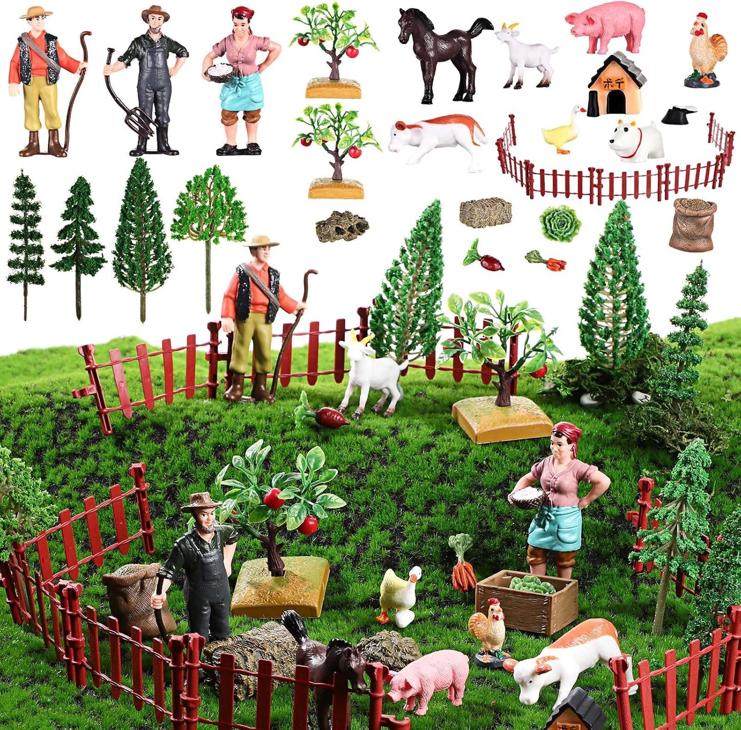 27 Pcs Farm Toys Set, 3 Little Farmer Figurines 9 Plastic Animals Figurines 10 Feed Food Fence Playset 4 Model Trees 1 Moss Mat Animal Farm Toys for Educational School Project Gift