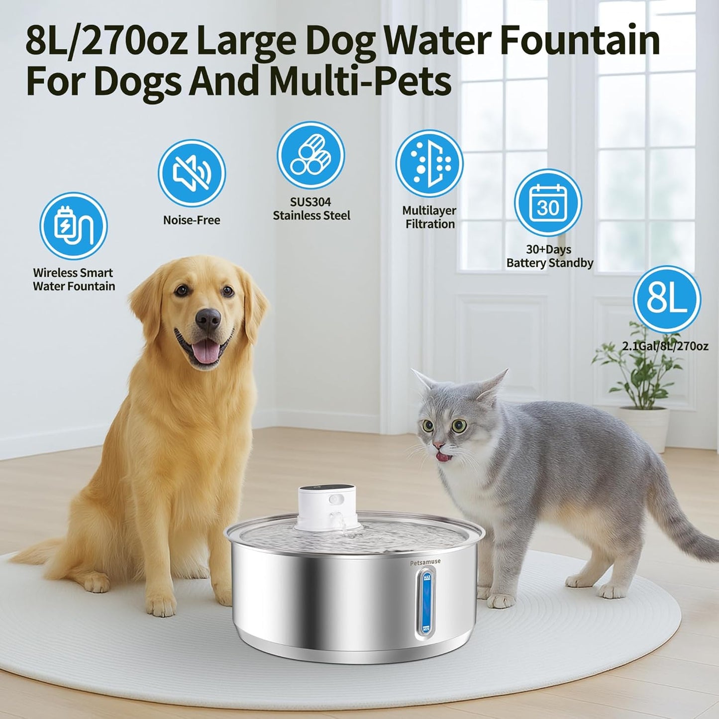 Wireless Dog Water Fountain, 2.1Gal/8L Battery Operated Stainless Steel Pet Water Fountain Motion Sensor Dog Water Bowl Fountain Large Dog Bowl Inside with 3 Filters and 2 Ultra Quiet Pumps