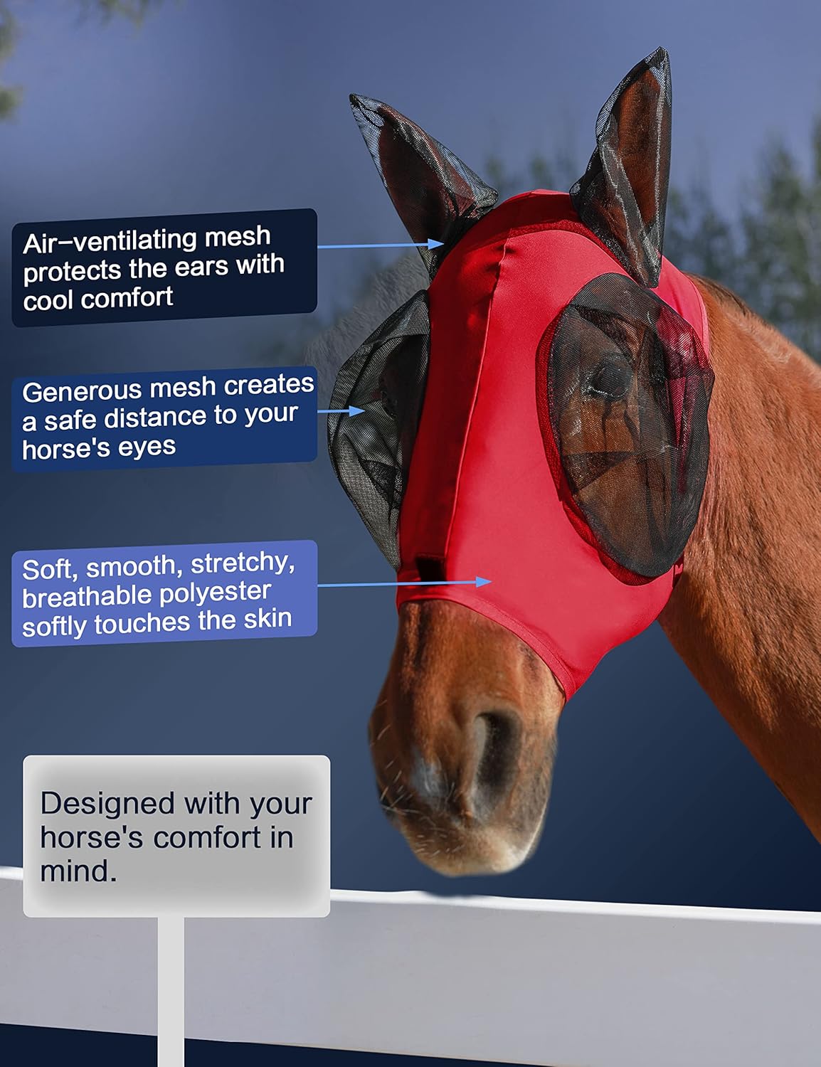 Horse Fly Mask with Ears, UV Protection Mask for Horses, Elasticity Mask with Big Mesh Eye Covers, Snug Fitting Comfortable Breathable Lightweight Rose Red Full Size
