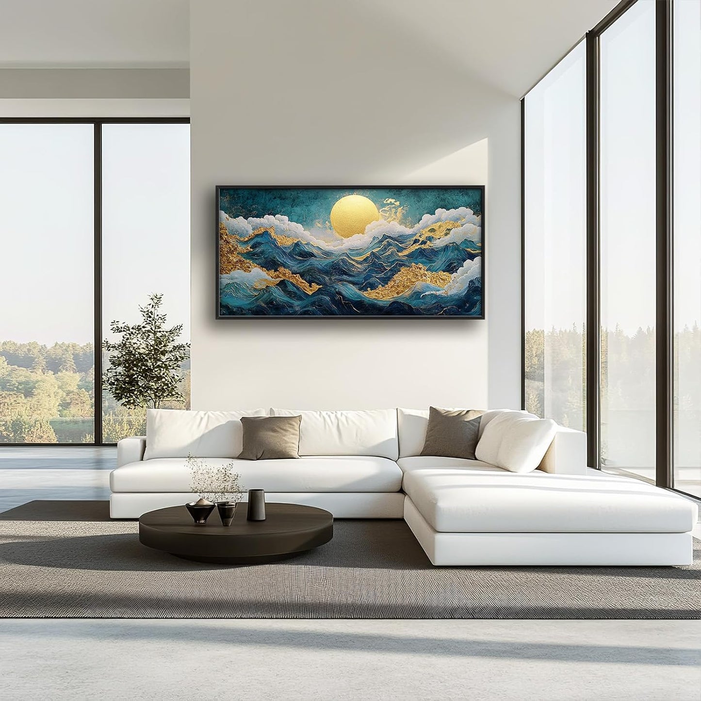 Framed Large Sun Mountain Wall Art, Oversized Teal and Golden Sun Wall Decor for Living Room, Abstract Landscape Canvas Painting Modern Artwork Home Decoration for Living Room Bedroom 60"x30"