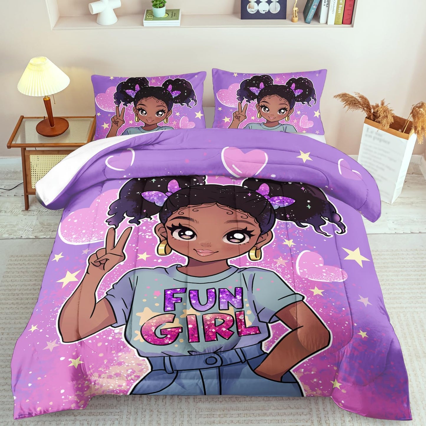African American Black Girl Comforter Set Full Size,Cute Black Girl Bedding Set Full for Kids,Kawaii Heart Comforter Purple Bedding Decor for Teen,Purple Bed Quilt