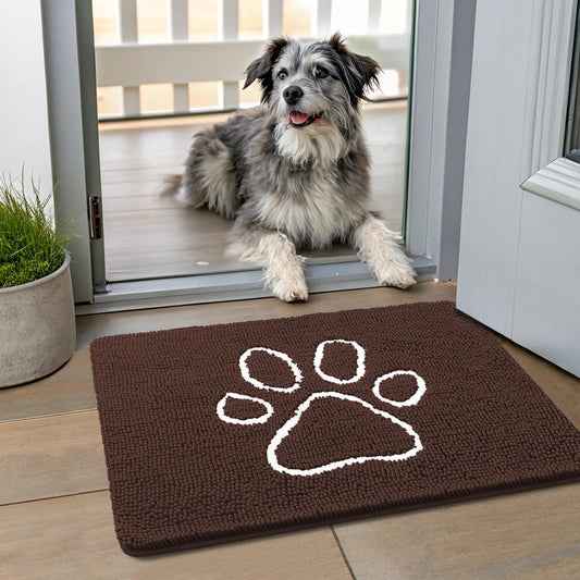 Smiry Dog Door Mat for Muddy Paws, Absorbent Dirt Trapper Non Slip Quick Dry Washable Chenille Mat for Mud Dogs, Entry Rug for Indoor and Outdoor (24x16 Inches, Brown and White)