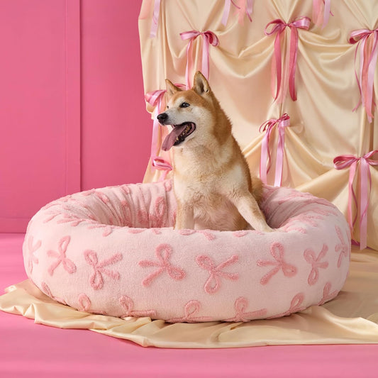 LE SURE Donut Large Dog Bed - Round Cat Beds for Indoor Anti-Anxiety Calming Pet Beds, Washable Cute Modern Beds with Teddy Sherpa Plush & Anti Slip Bottom, 36 Inch, Pink Taffy