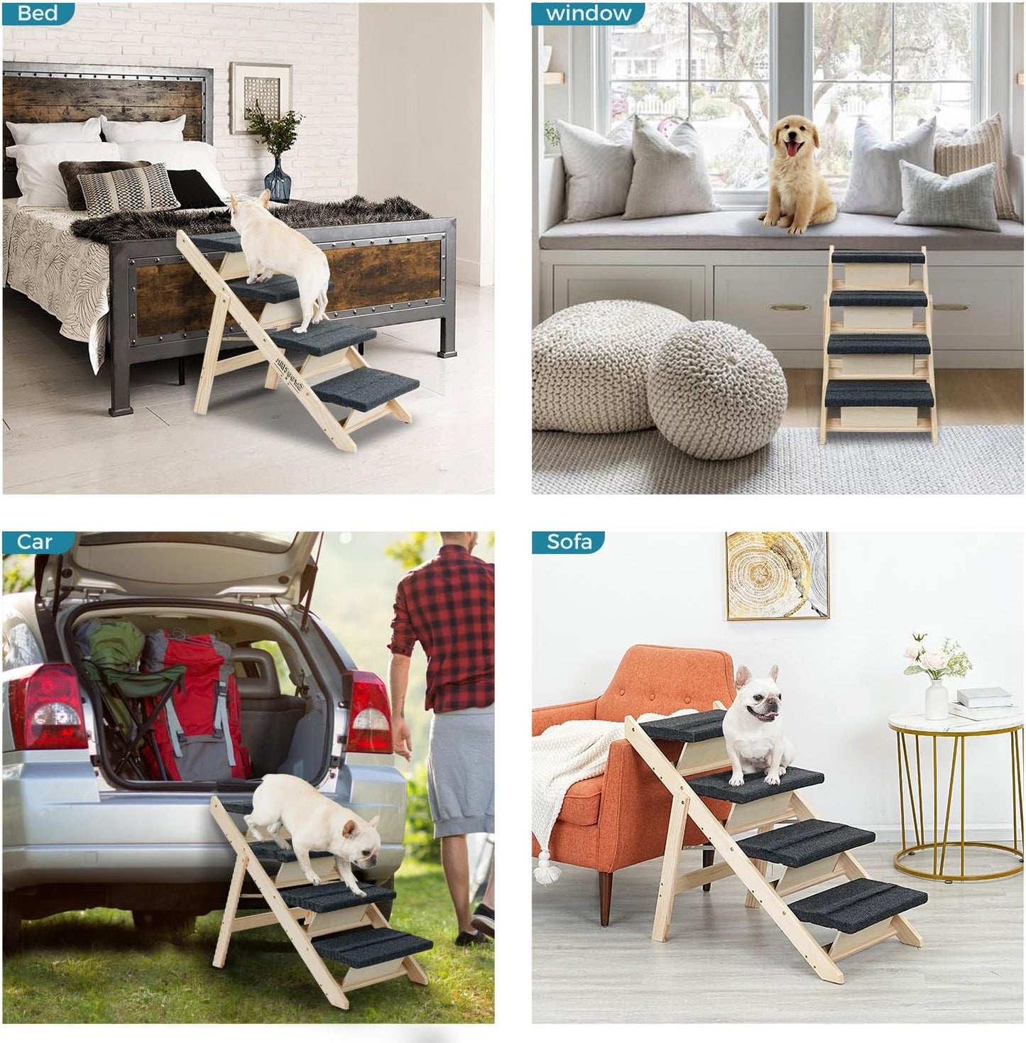 Wood Pet Stairs/Pet Steps for All Dogs and Cats - 2-in-1 Foldable Carpeted 4 Tiers Dog Stairs & Ramp Perfect for Beds and Cars - Portable Dog/Cat Ladder Up to 150 Pounds