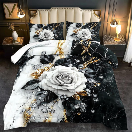 Marble Floral Comforter Set for Twin Bed Women,Vintage Flower Bedding Set Twin,White and Black Comforter Rose Quilt for Girls,Rose Bedding Floral Bedroom Decor Adults