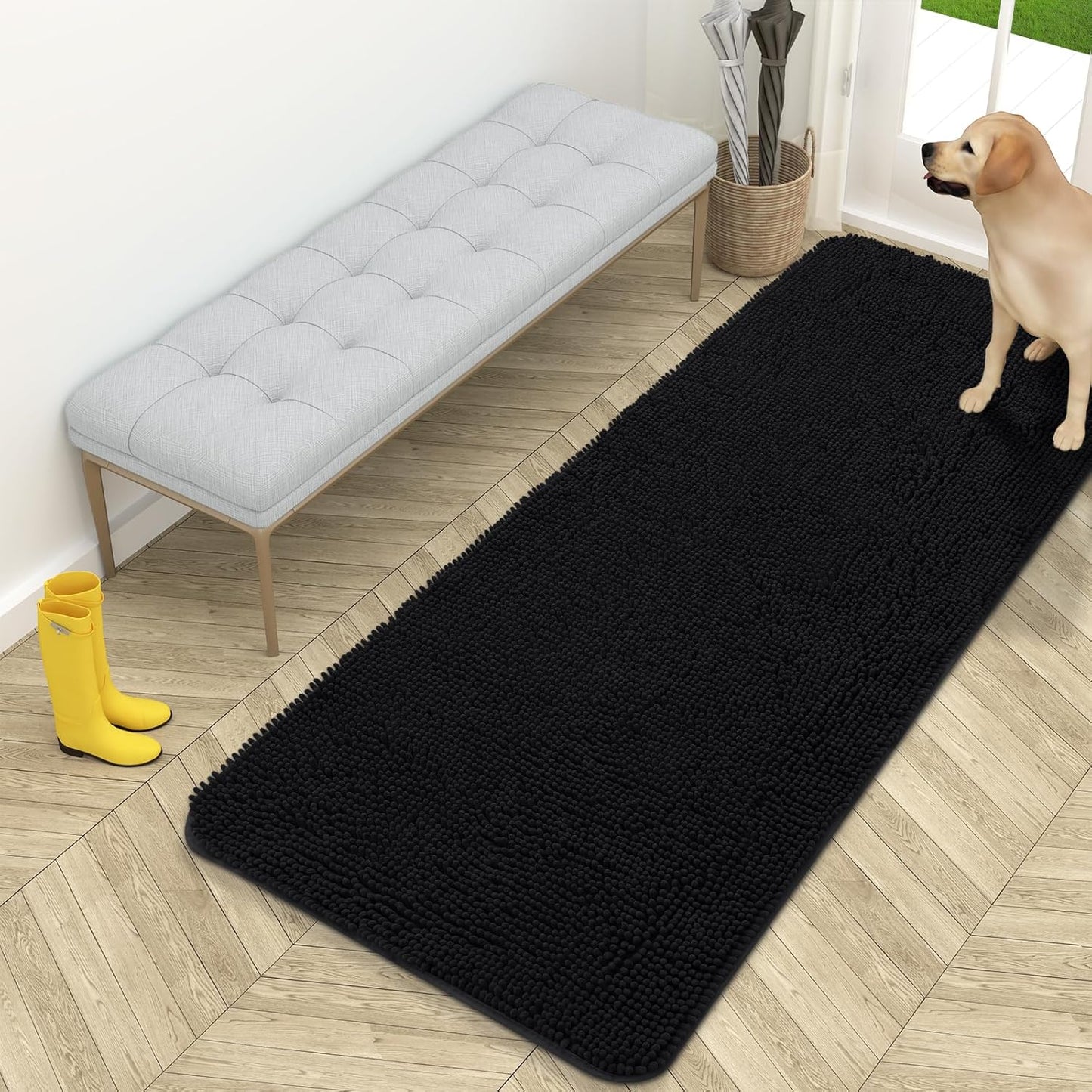 OLANLY Dog Door Mat for Muddy Paws 59x24, Absorbs Moisture and Dirt, Absorbent Non-Slip Washable Doormat, Quick Dry Chenille Mud Mat for Dogs, Entry Indoor Entryway Carpet for Inside Floor, Black