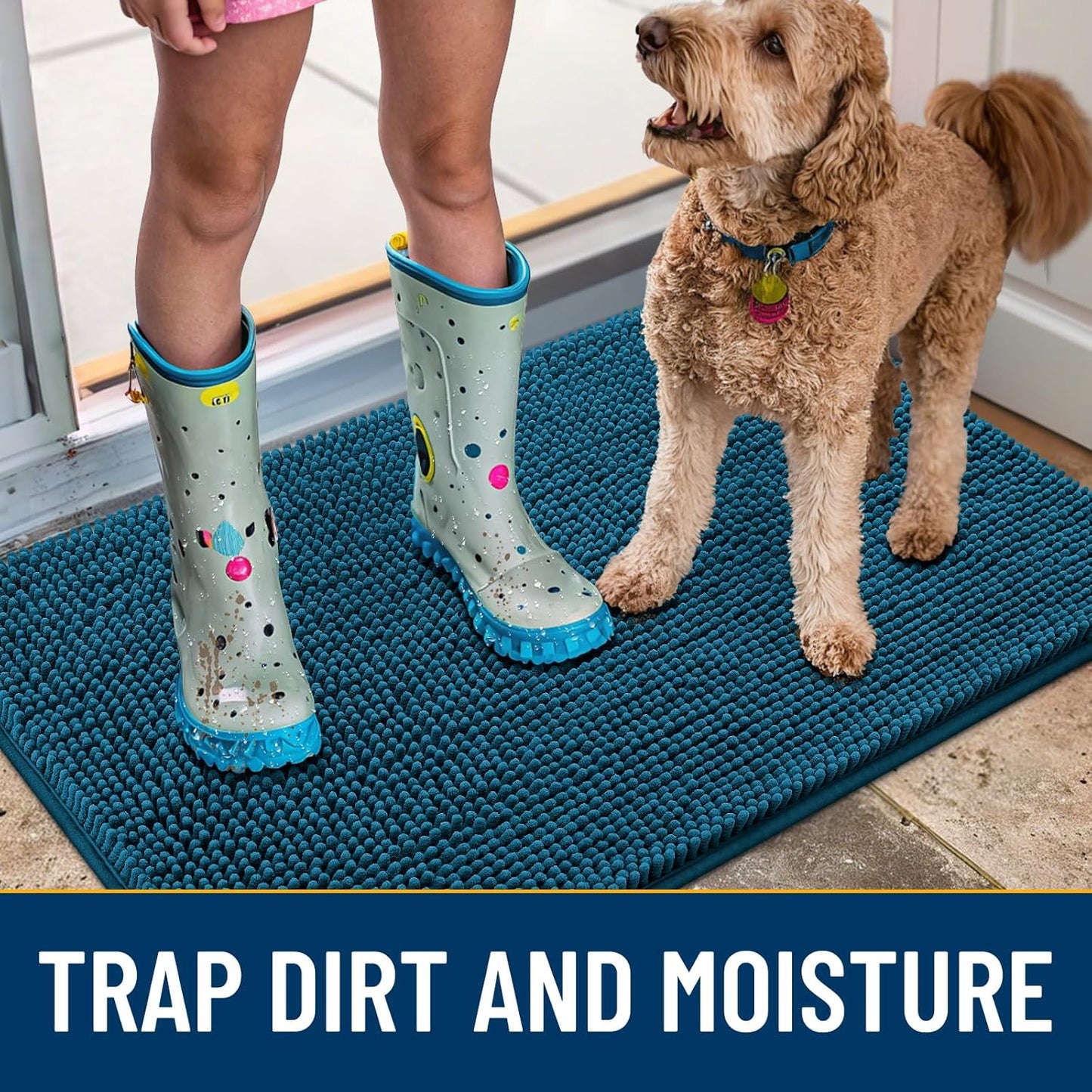 Smiry Dog Door Mat for Muddy Paws 59x24, Absorbs Moisture and Dirt Doormat, Non-Slip Washable Quick Dry Chenille Front Door Mat Indoor Entrance, Entryway Carpet for Inside Floor, Atlantic Blue