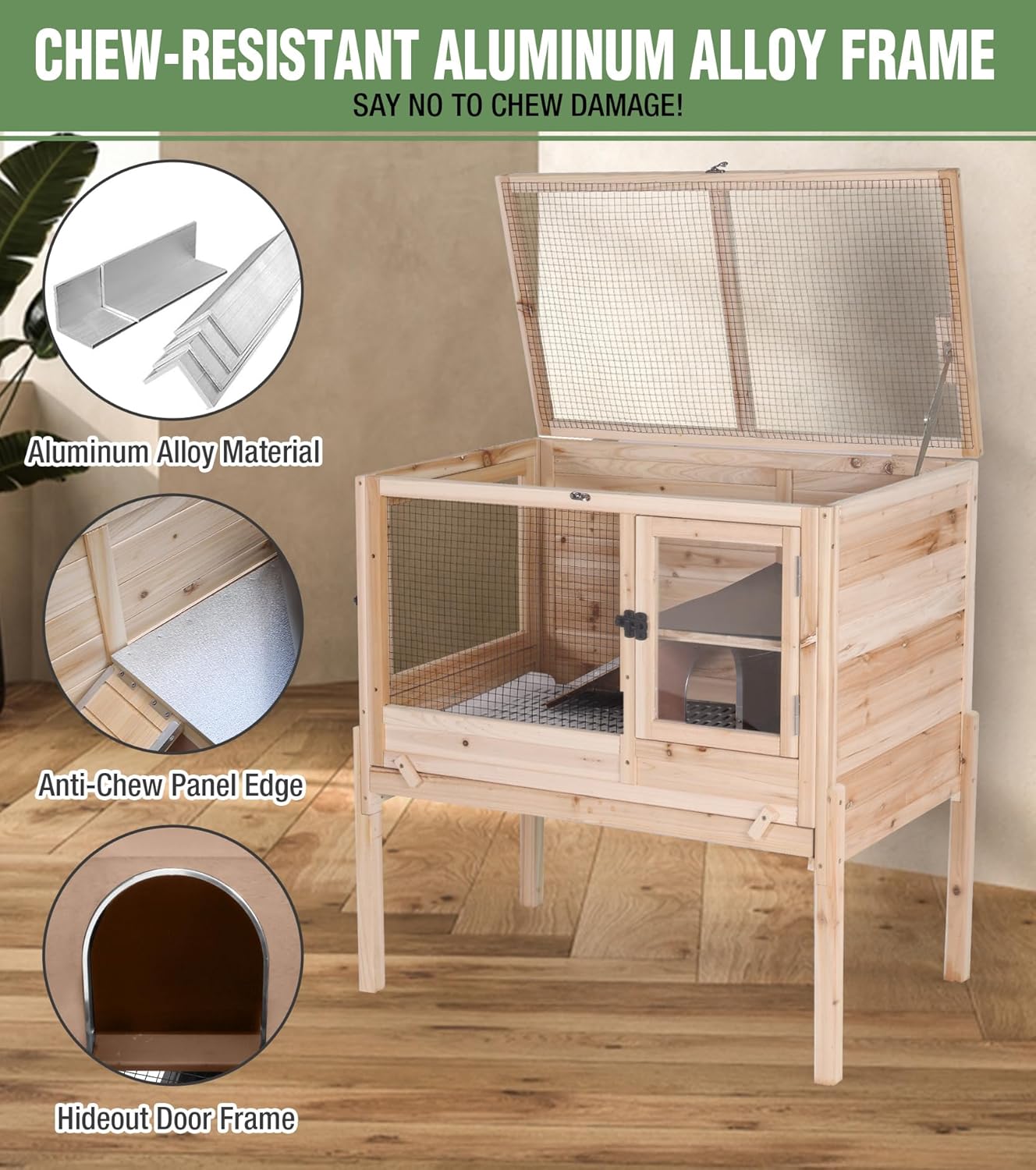 GUTINNEEN Guinea Pig Cage Rabbit Cage Indoor with Chew-Proof Edges, Clean Deep Tray, Leakproof PVC Layer, Small Animals Cage with Adjustable Legs - Natural Wood Color