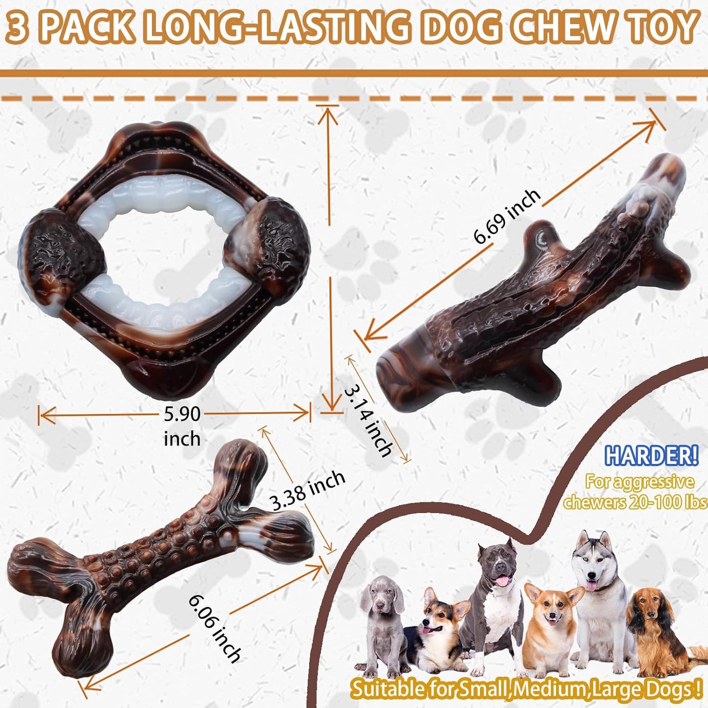 Magicorange 3-Pack Dog Chew Toys for Aggressive Chewers, Nylon Durable Dog Toys, Bacon Flavored Tough Bones Chew Toys