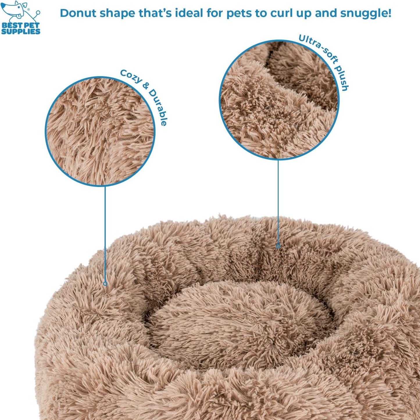 Best Pet Supplies Round Donut Dog Bed with Plush Faux Fur Fabric, Calming, Anti-Anxiety Cushion for Indoor Pets, Slip-Resistant Base, Soft Ergonomic Support - Caramel, 30x30x8''