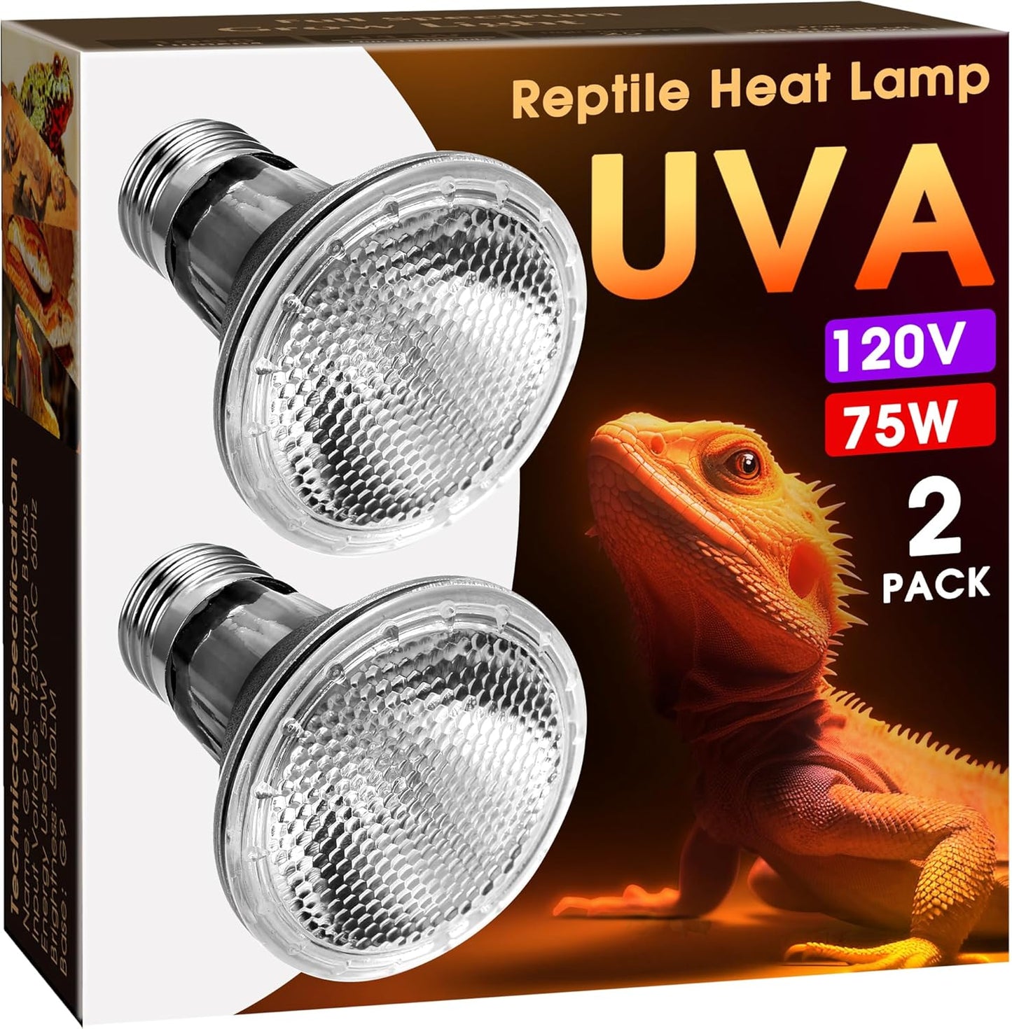 Reptile Heat Bulb [2 Pack], Reptile Light Bulbs 75W UVA UVB, Dimmable Heat Lamp Bulbs Basking Spot Light Bulb for Reptiles, Amphibian, Bearded Dragon, Lizard, Chicken