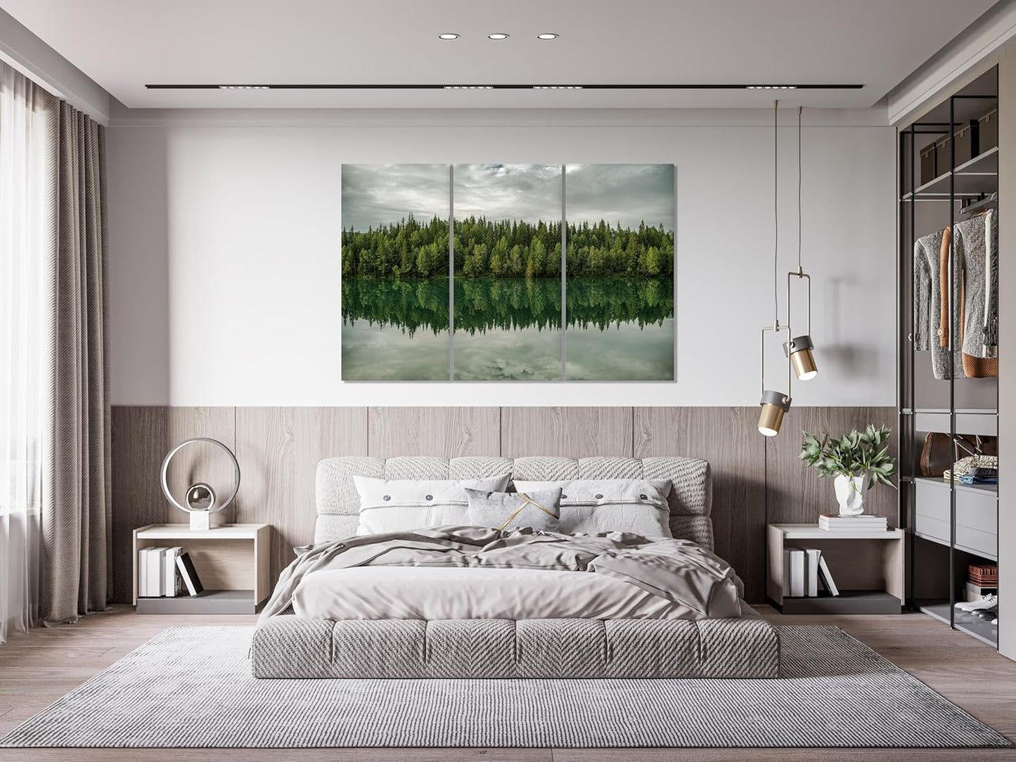 Nature Wall Art Prints - Ocean Forest Mountain Lake Canvas Landscapes - Small to Extra Large Living Room Bedroom Kitchen Bathroom Décor (Forest Reflection, 55L" x 83W"- 3 Panels)