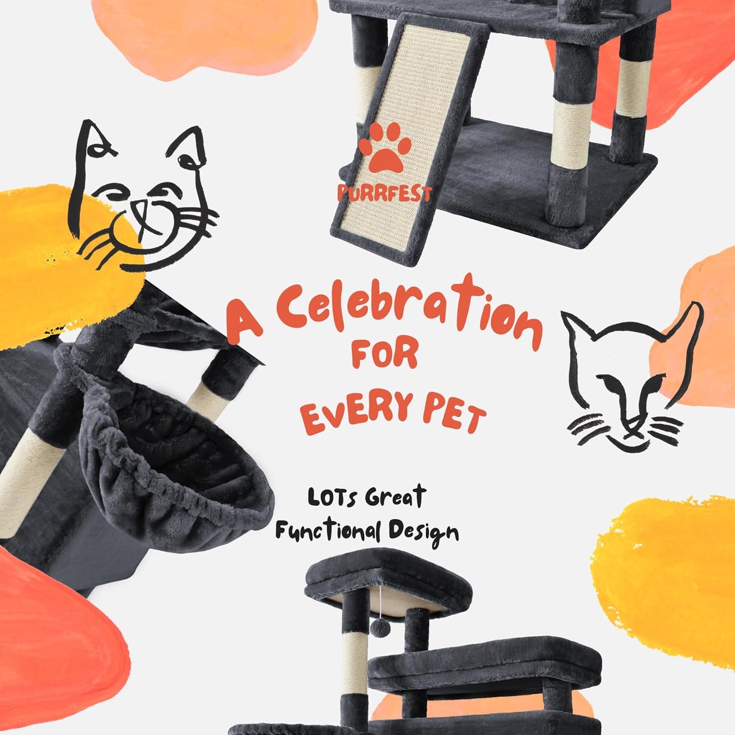 Cat Tree, 80-Inch Large Cat Tower with 9 Scratching Posts, 2 Perches, 2 Caves, 2 Basket, 2 Stairs, Extra Large Hammock, Pompoms, Multi-Level Plush Cat Condo for Indoor Cats/Smoky Grey