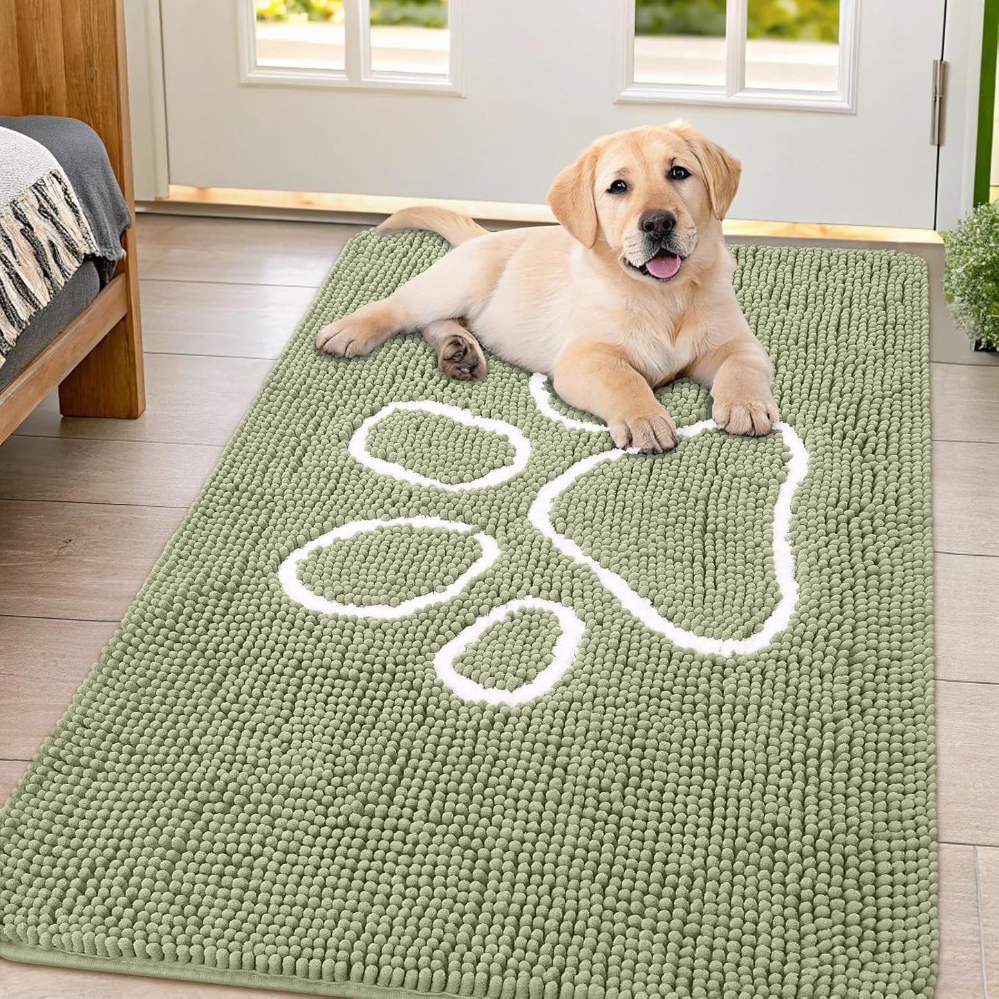 Smiry Dog Door Mat for Muddy Paws, Absorbent Dirt Trapper Non Slip Quick Dry Washable Chenille Mat for Mud Dogs, Entry Rug for Indoor and Outdoor (47x32 Inches, Sage Green)