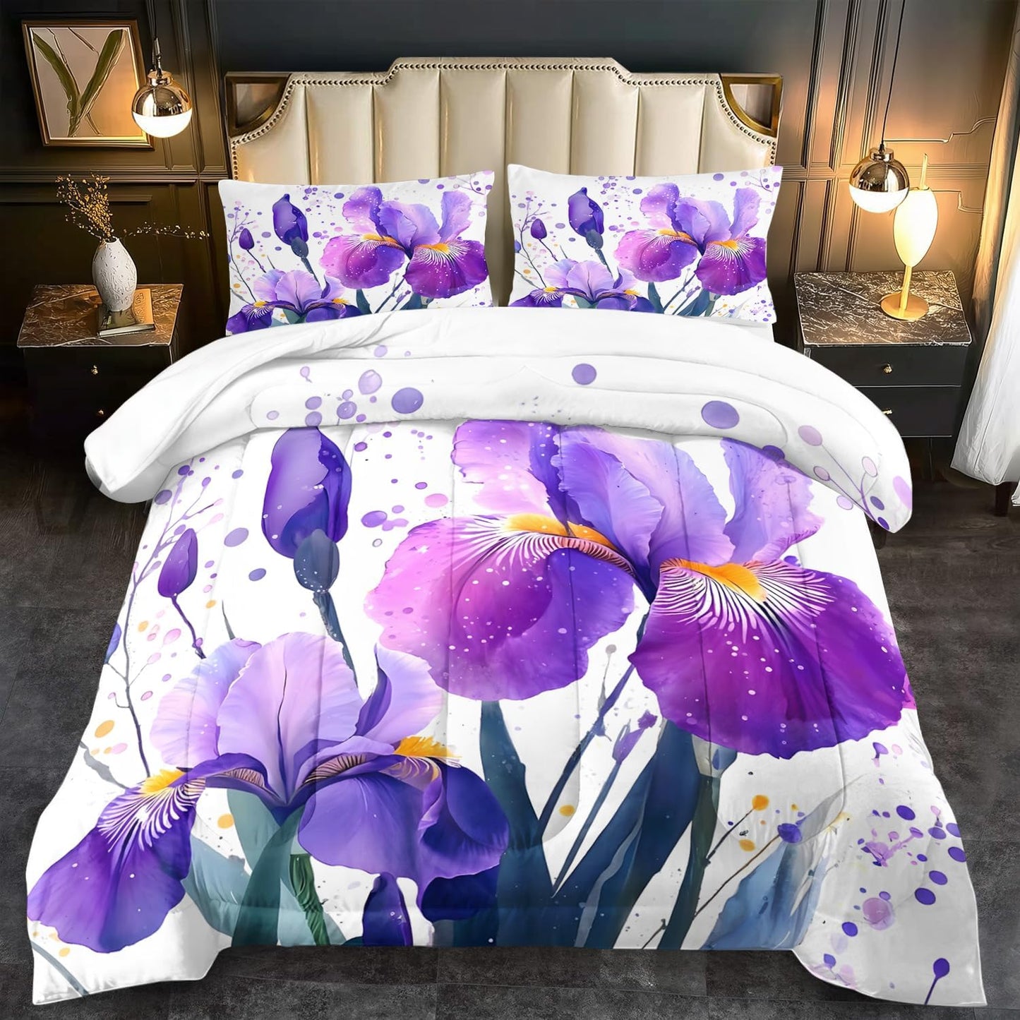 Purple Floral Comforter Set Full Size Woman,Purple Iris Comforter for Girls,Pink Flower Bedding Set Full Bedroom Decor,Floral Bedding Quilt Bed Decor Pink for Kids and Adults
