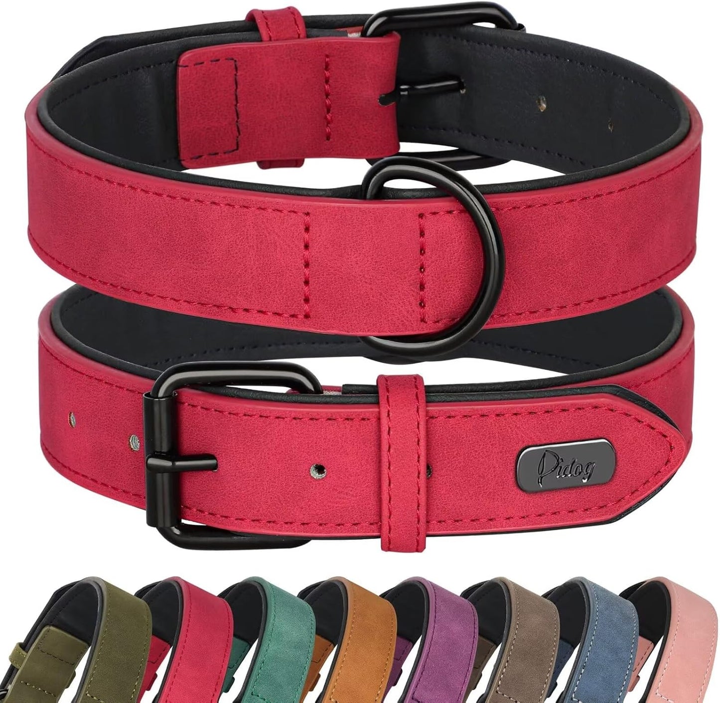 Didog Soft Padded PU Leather Dog Collar, Breathable and Adjustable Red Dog Collar for Large Dogs, Comfortable for Daily Walk,Red XL Fit Neck 17-21"(44-71 lbs)