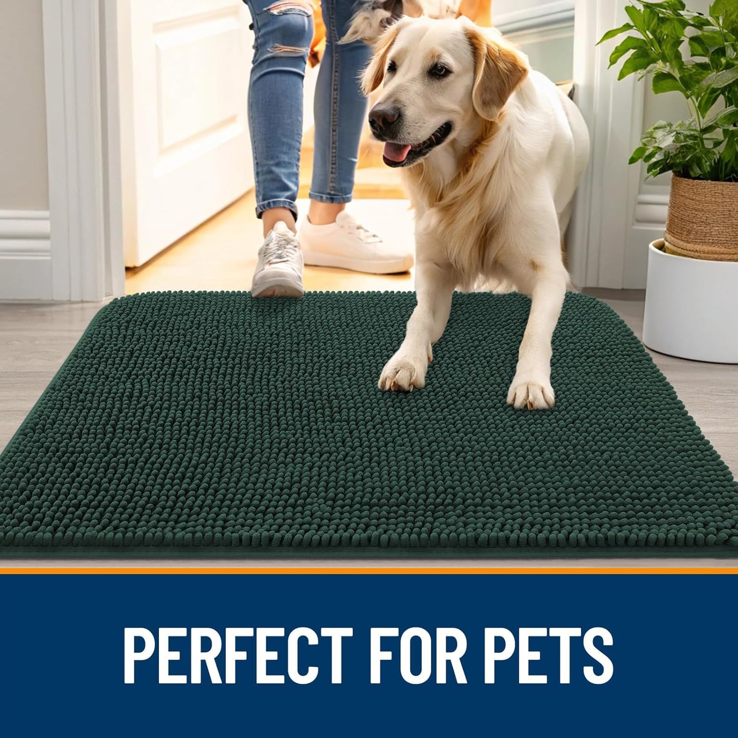 OLANLY Dog Door Mat for Muddy Paws 47x24, Absorbs Moisture and Dirt, Absorbent Non-Slip Washable Doormat, Quick Dry Chenille Mud Mat, Entry Indoor Entryway Carpet for Inside Floor, Blackish Green
