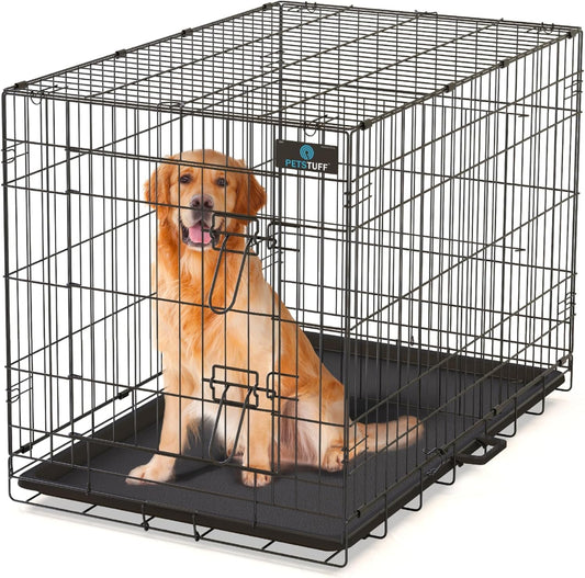 PetsTuff Great CRATES 48” XX-Large Dog Crate - Heavy-Duty Dog Kennel with Divider Panel for Pets 90-110lbs - Durable Leaf-Proof Tray - Foldable, Carry Handle & Wheels for Easy Moving