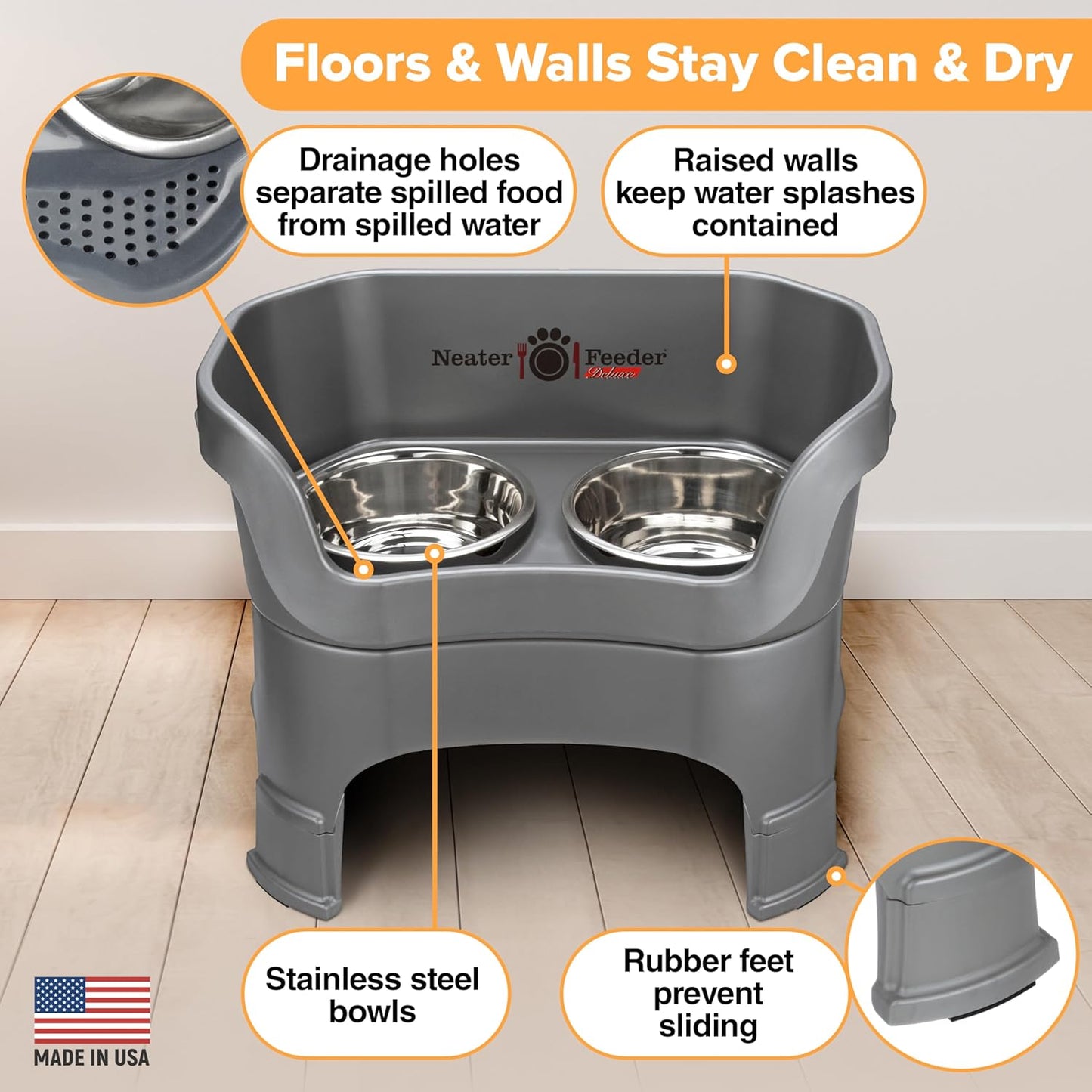 Neater Feeder Deluxe Mess Proof Dog Bowls Elevated for Large Dogs – Made in USA – No Spill Raised Dog Food Bowl Stand w/Leg Extensions – Stainless Steel Dog Food and Water Bowl Set – Grey