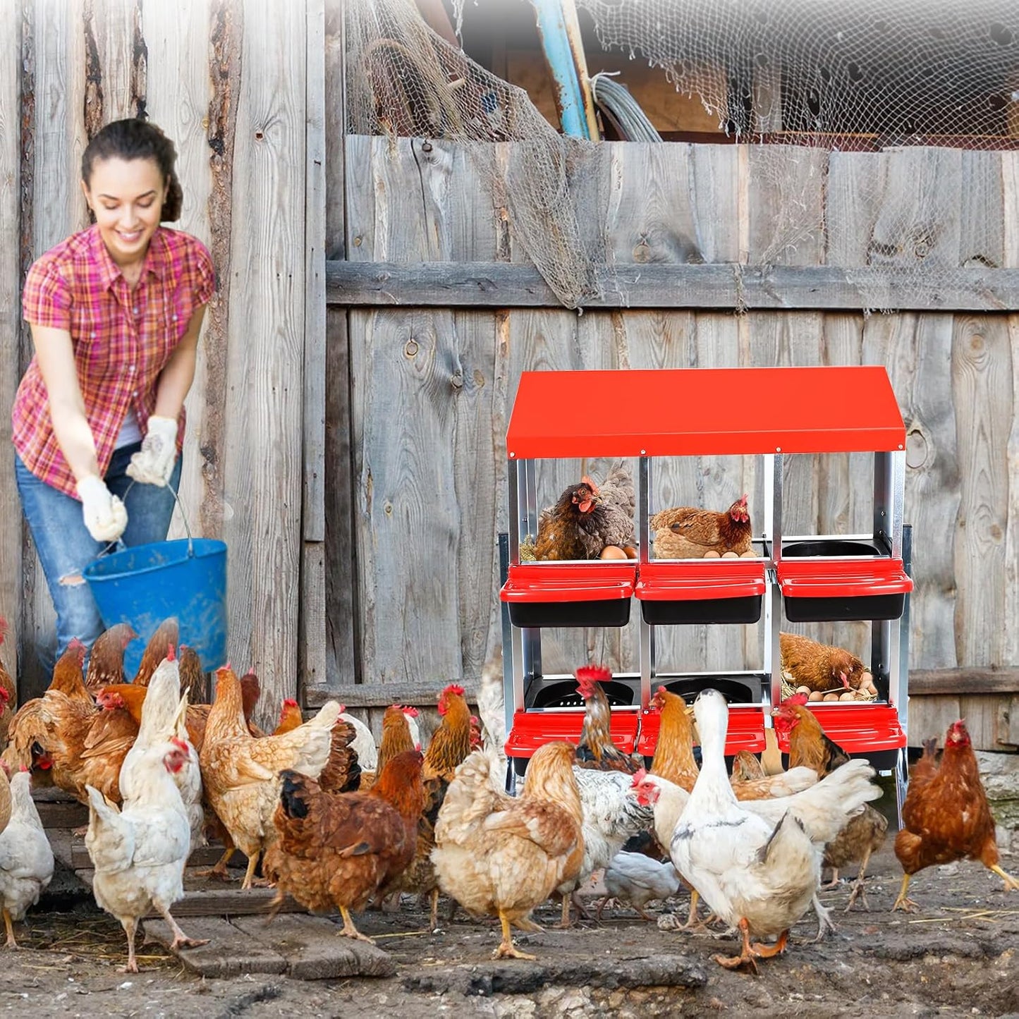 Nesting Boxes for Chickens, Chickens Laying Boxes for Chicken Coop with Legs, 6 Compartments Chicken Nesting Boxes, with Removable Tray, Easy Cleaning, for Hens Outdoor Chicken Coop Farm Yard, Red