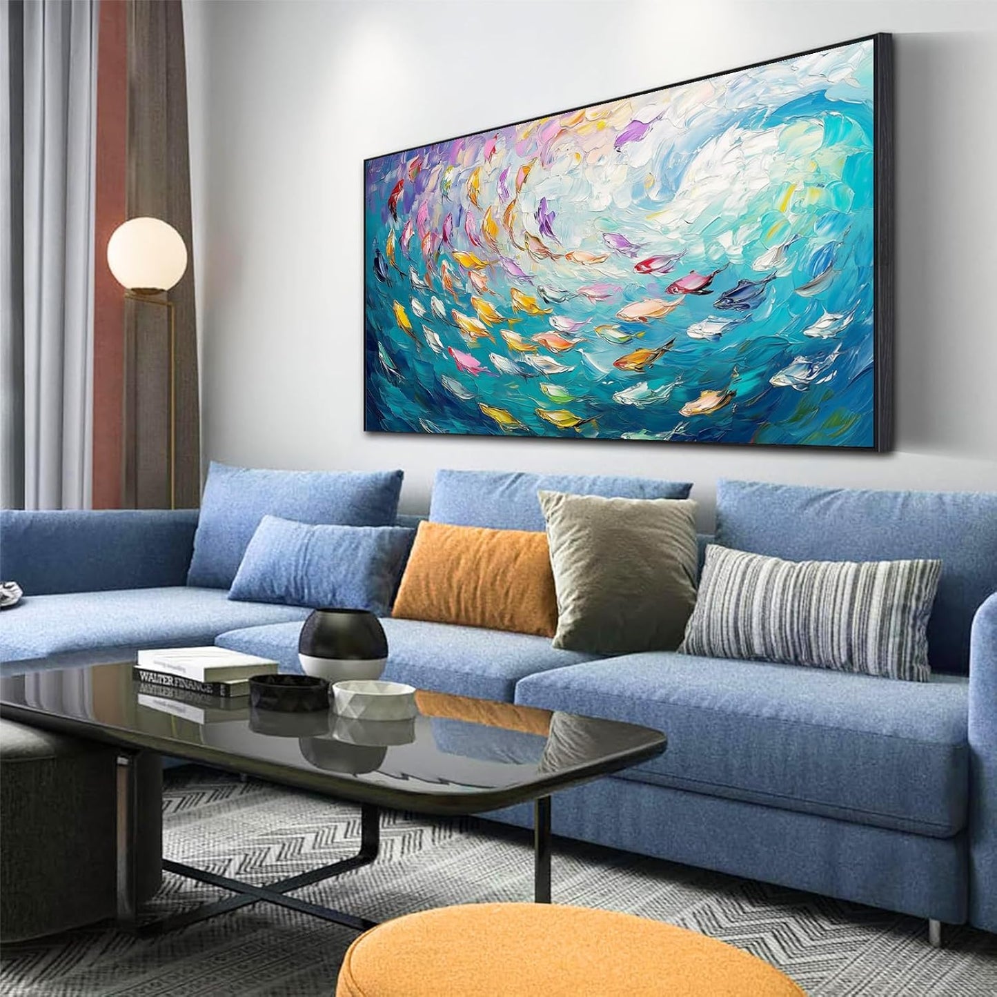 Fish Canvas Wall Art, Abstract School of Fish Canvas Wall Art, School of Fish Painting Canvas, School of Fish Wall Art, Fish Wall Decor, Fish Pictures Wall Decor, Bedroom Canvas Wall Decor (Black Framed, 48"x27" | 122x68cm)
