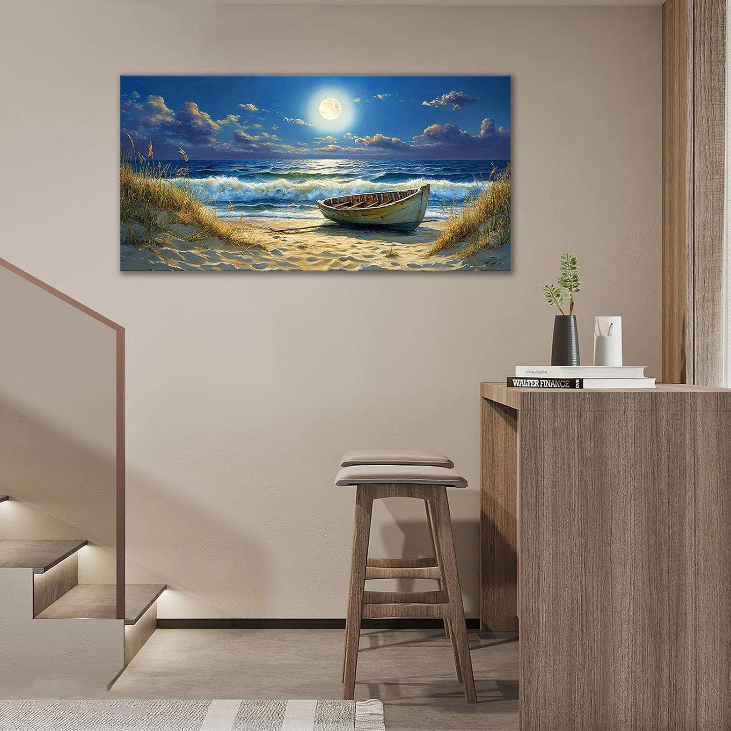 Quorin Beach Boat Large Wall Art Coastal Seaside Moonlight Pictures Nautical Wall Decor Seascape Canvas Print Painting Artwork for Bathroom Living Room Bedroom 30"x60"