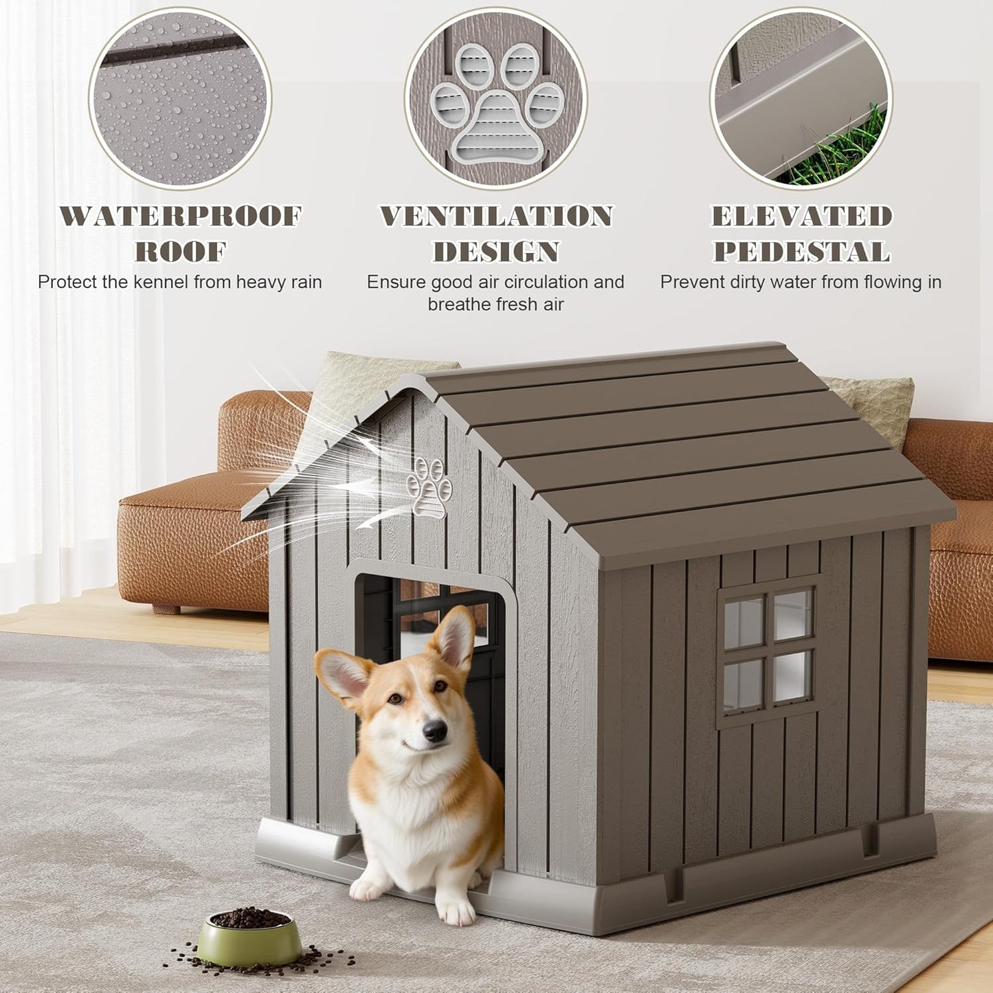 Large Dog House Outdoor Indoor for Medium Large Dogs, Durable Plastic Waterproof Doghouse with Air Vents and Elevated Floor, Easy Clean and Assemble (Grey, 31" L x 33.3" W x 33.5" H)