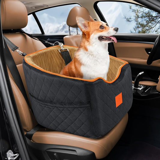 Dog Car Seat for Small Dogs, Memory Foam Booster Dog Seat for Dogs up to 35 lbs, Elevated Pet Car Seat with Washable Removable Cover, Storage Pockets