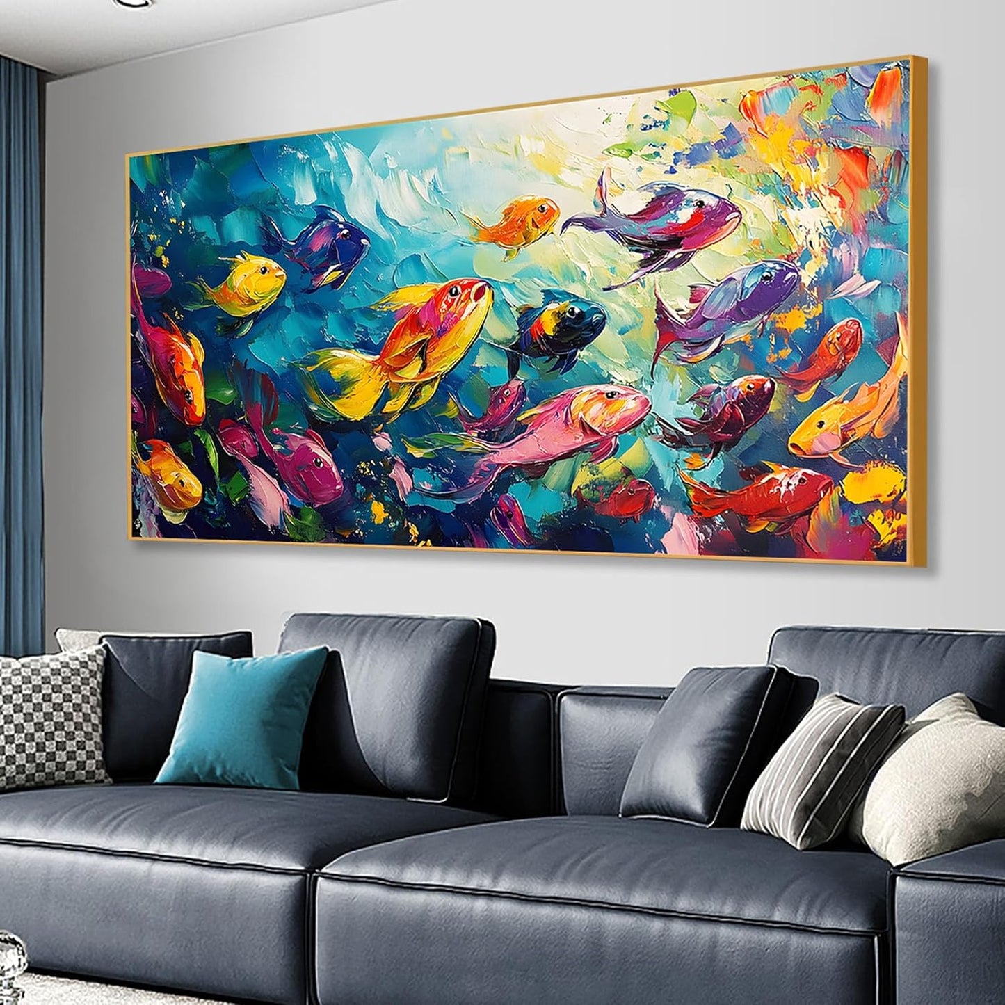 School of Fish Printed Canvas Wall Art – Framed Abstract Ocean Print – Vibrant Fish Wall Decor for Living Room, Bedroom, Office (Black Framed, 55"x27"|140x70cm)