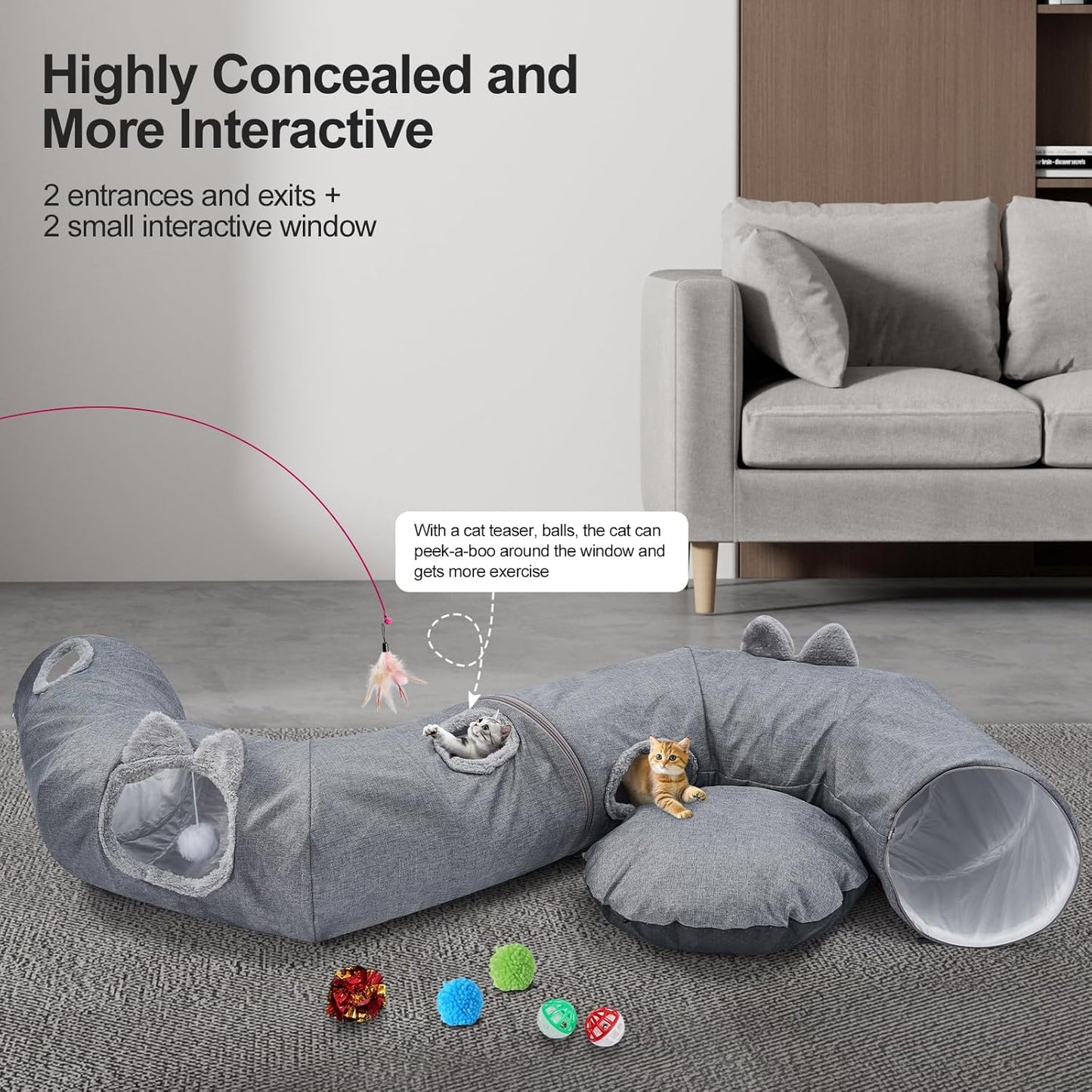 Odoland Summer Linen Cat Tunnels for Indoor Cats with Cooling Central Cat Bed, Interactive Cat Toys Detachable Soft Mat and Variety Kitty Toy Set Grey