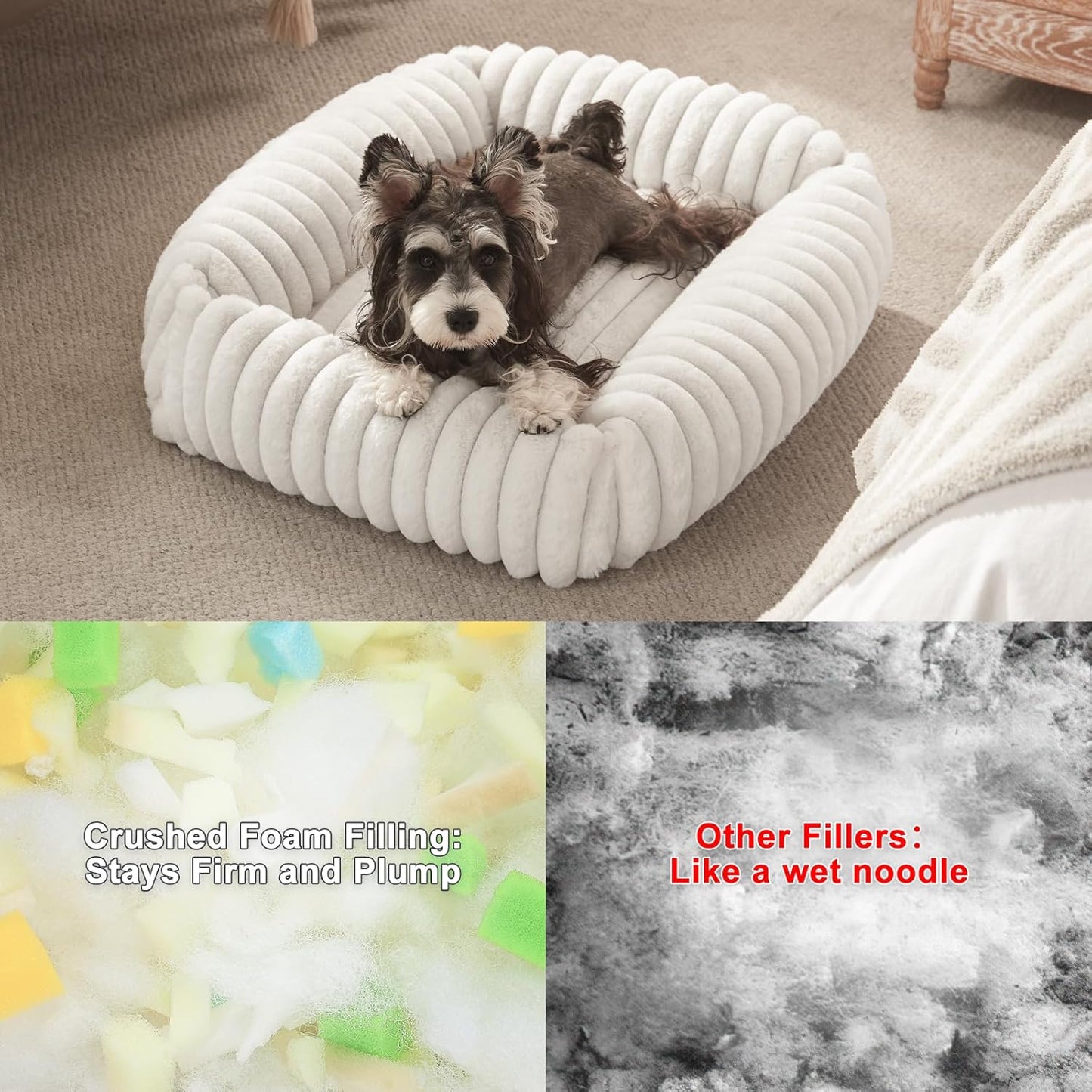 Dog Beds for Small Dogs, Washable Dog Bed with Removable Cover, Rectangle Soft Calming Sleeping Puppy Bed Durable Pet Cuddler with Anti-Slip Bottom, 20"x19"x6" Cream