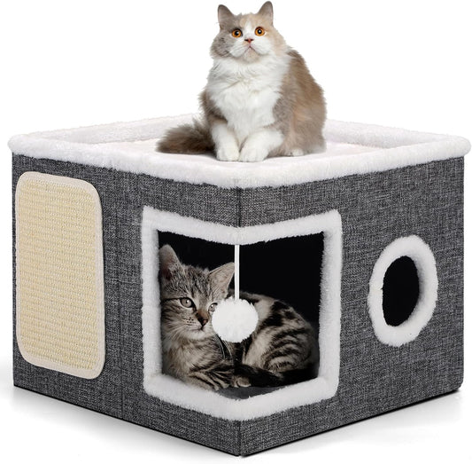 Cat Beds for Indoor Cats, Large Cat Cave with Cozy Condo, Fluffy Hanging Ball, Round Window, Foldable Indoor Cat House Hold Up to 30LBS, Cat Hideaway with Double-Sided Soft Cushions for All Seasons