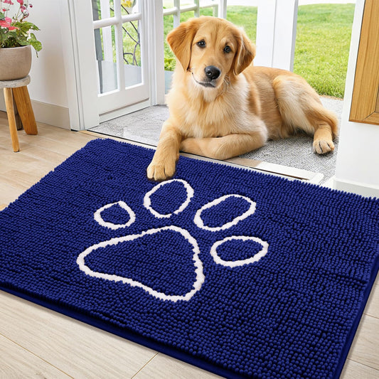 Smiry Dog Door Mat for Muddy Paws, Absorbent Dirt Trapper Non Slip Quick Dry Washable Chenille Mat for Mud Dogs, Entry Rug for Indoor and Outdoor (36x24 Inches, Navy Blue)