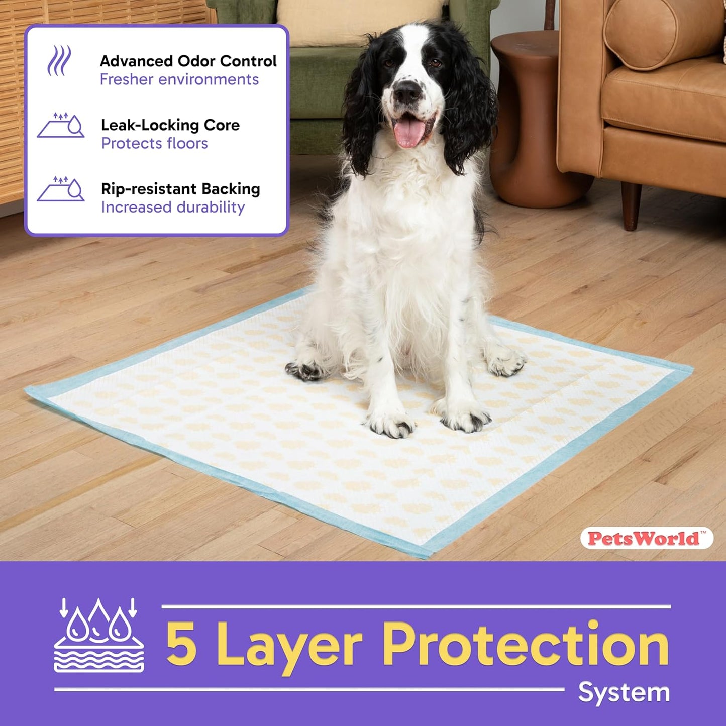 PETSWORLD Giant Dog Potty Pads, Odor-Eliminating, 36" x 36", Ultra Absorbent 5-Layer Leak-Proof Training Pads for Dogs & Cats (36x36 Health Indicating, 100 Count)