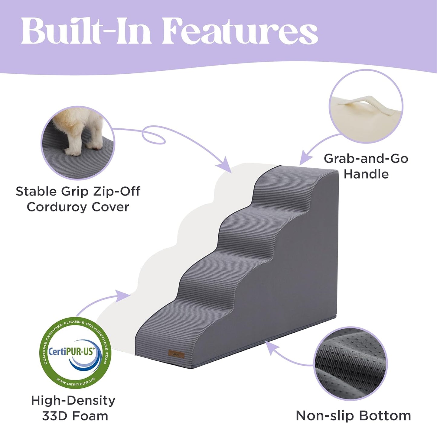 Lesure Dog Stairs for Large Dogs Pet Steps Ramp for High Bed and Couch with CertiPUR-US Certified Foam with Non-Slip Bottom, Grey, 4 Steps
