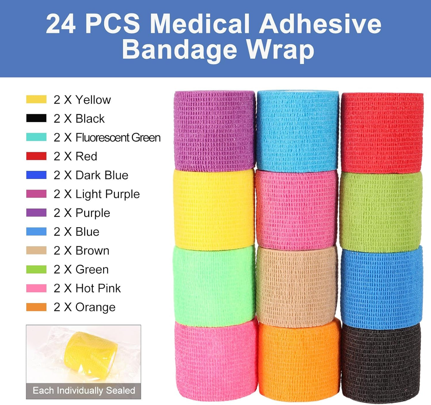 LDIWEE 24 Pack Self Adhesive Bandage Wrap 2 Inch, Vet Wrap for Dogs & Horses, Elastic Cohesive Tape for Athletic Sports, First Aid Medical, Ankle Sprains, Wrist Support