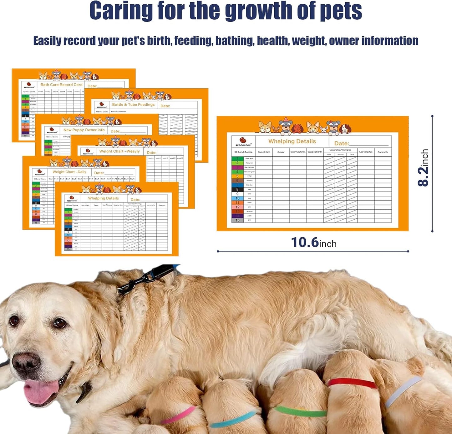 Puppy Kitten Whelping Kit, Newborn Dogs Cats Pet Whelping Kit with 6P Record Keeping Charts, 15P Pet ID Collars, 1P Aspirator Bulb, 15P Umbilical Cord Clip, 1P Hemostatic Forcep