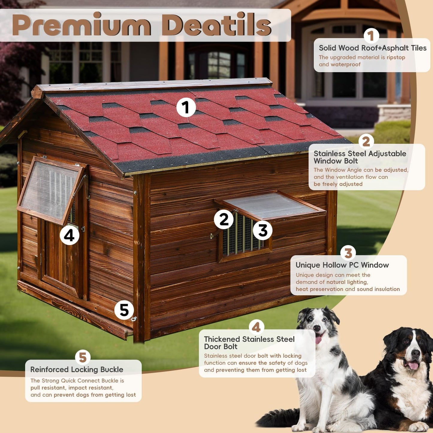 Dog House Outdoor,Solid Pine Wood Large Dog House for Big Breed,Weatherproof Dog Houses Outside with Door,Adjust Windows,Warm Dog Kennel for Outside