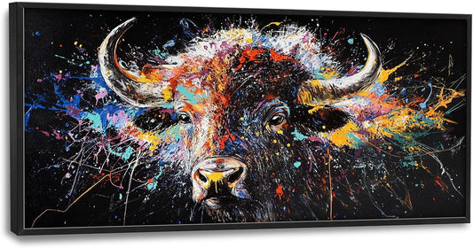 Framed Large Bison Buffalo Wall Art for Living Room, Oversized Graffiti Yak Cow Wall Decor Banksy Bull Canvas Painting Animal Pictures Modern Artwork for Living Room Bedroom Office 60"x30"