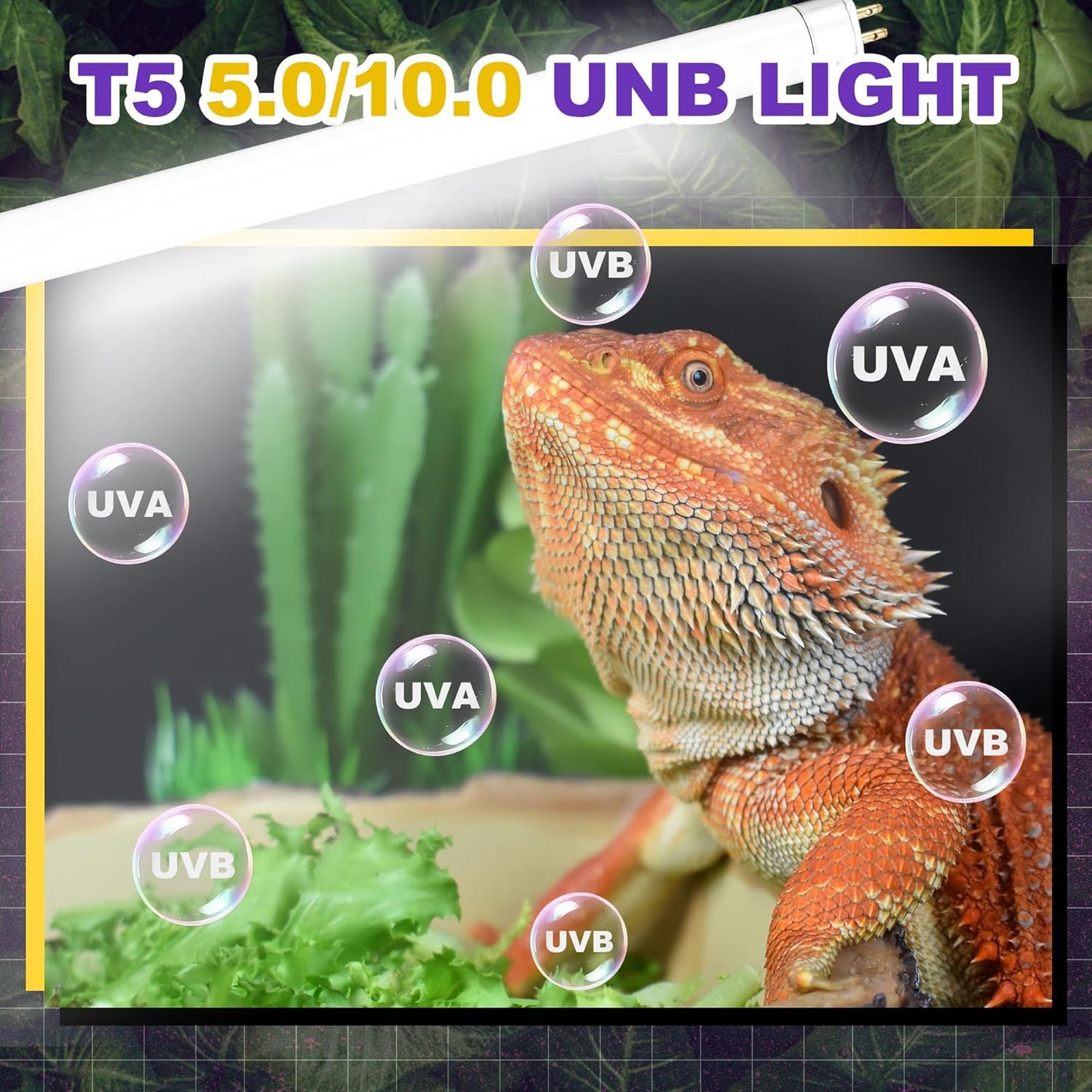 5.0 UVB Light for Reptiles, T5 HO 39 Watt Reptile Lamp Tube, Pack of 2 Fluorescent UVB Bulb, Basking Light for Bearded Dragon, Simulate Natural Sunlight for Reptiles and Amphibians