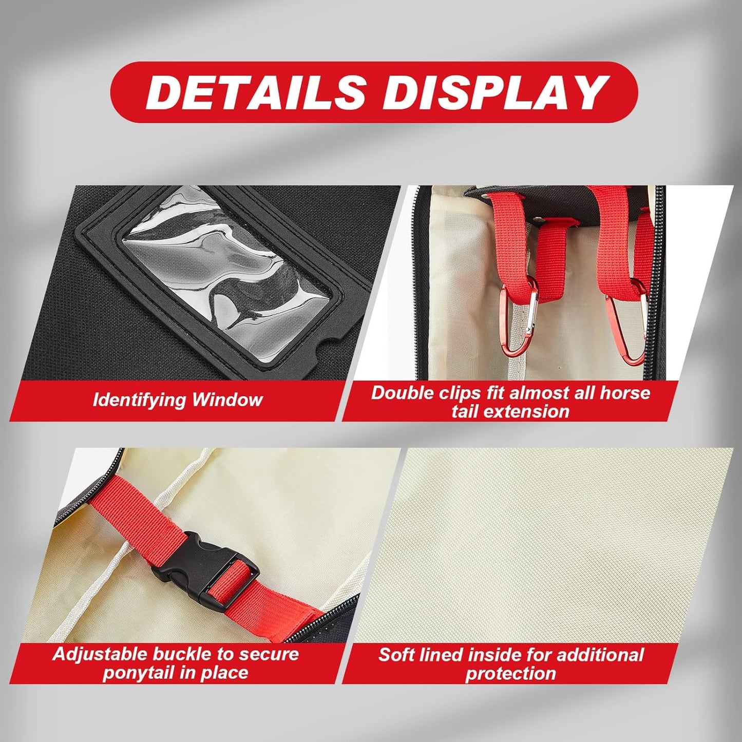 Horse Tail Extension Bag and Double Side Pin and Bristle Comb Brush, Red and Black Fake Horse Tail Bag