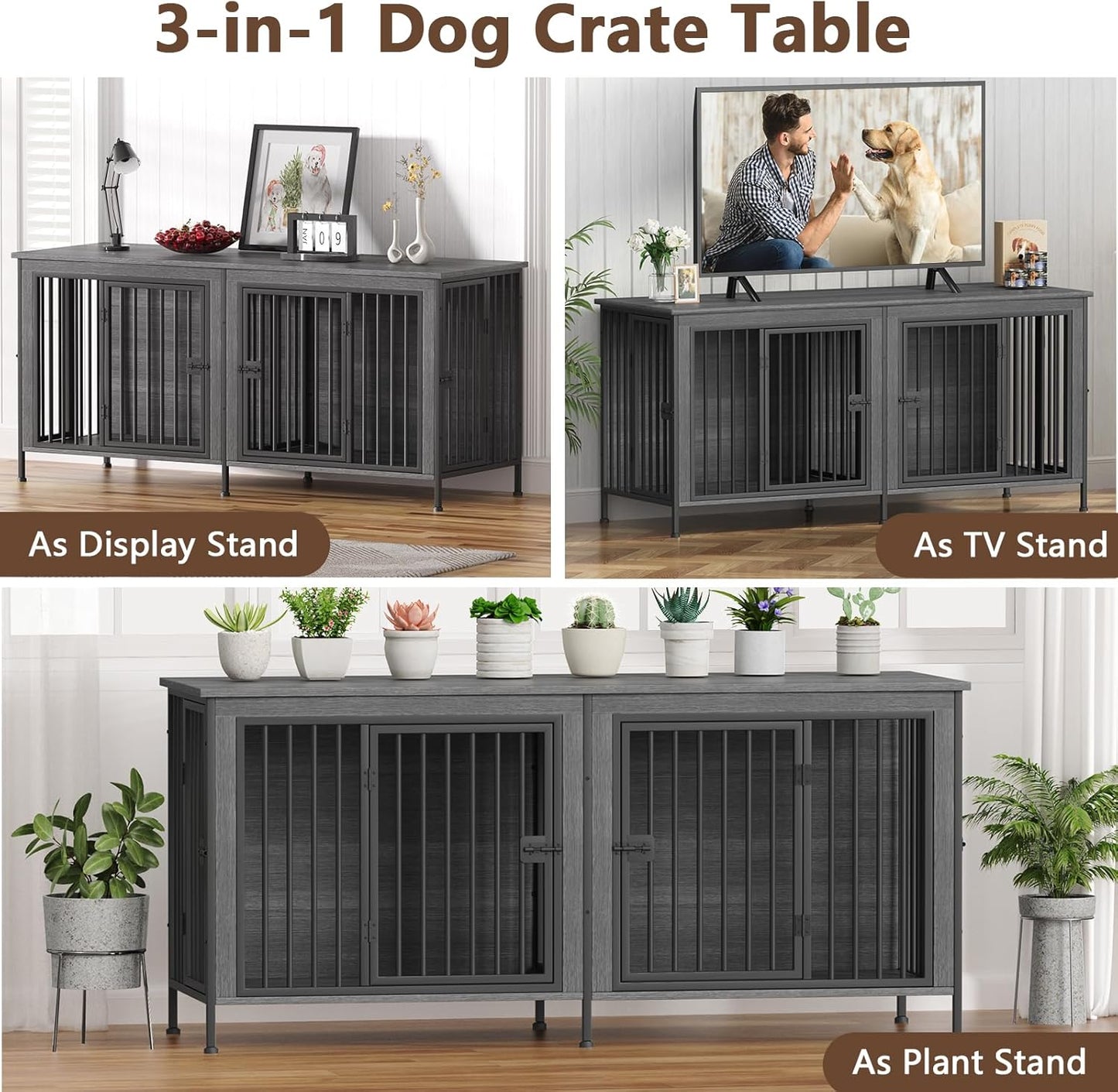 EasyCom 78 Inch Dog Cage Furniture for 2 Pets with Divider, XXL Wooden Double Dog Crate Furniture TV Stand for Mideum and Large Breed, Durable and Sturdy