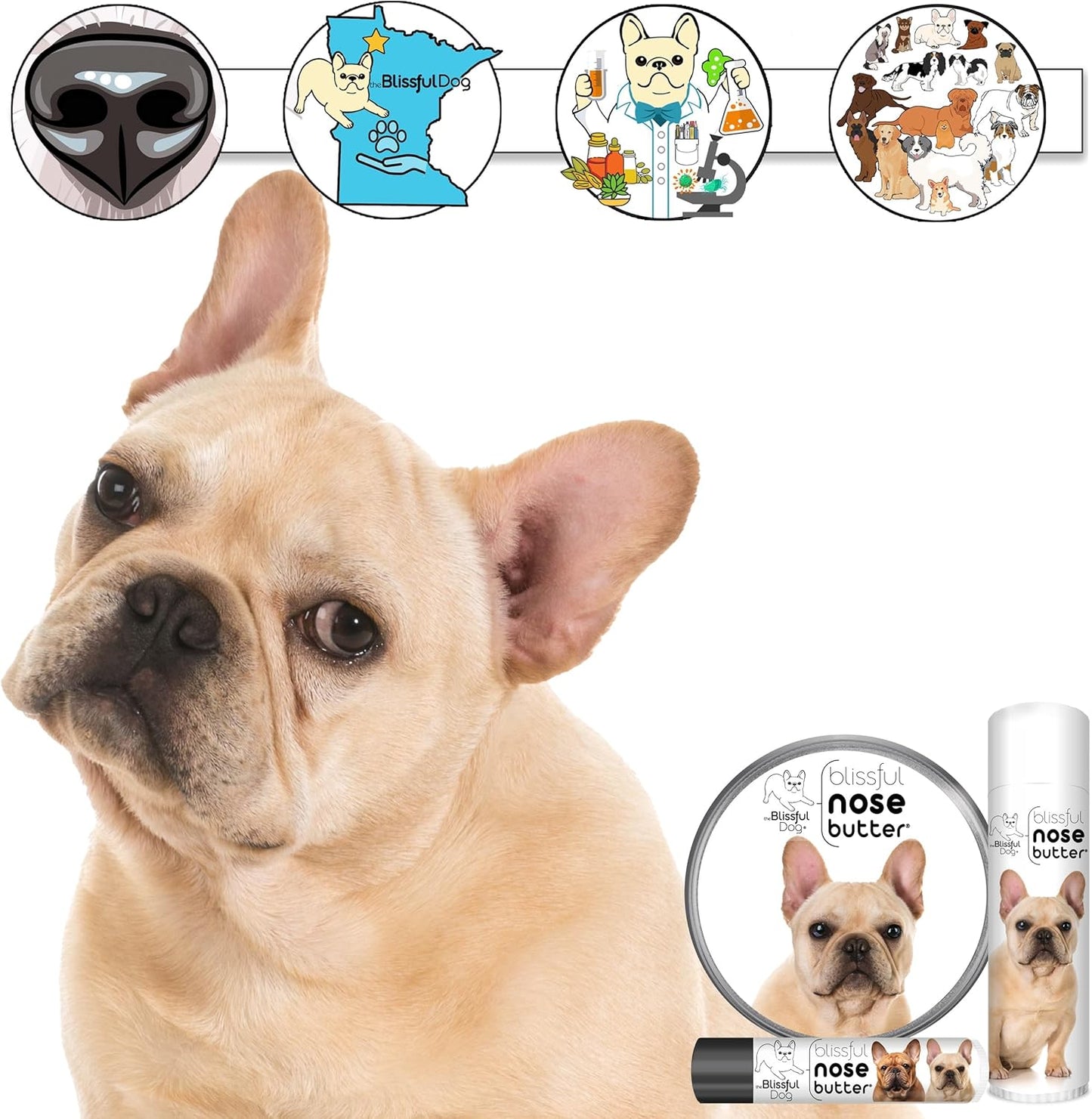 The Blissful Dog French Bulldog Fawn Nose Butter for Dry, Cracked Skin, Lick-Safe Dog Nose Balm with Moisturizing Shea Butter, Almond, Olive, and Essential Oils, Pet Supplies, Uncented, 8 oz.