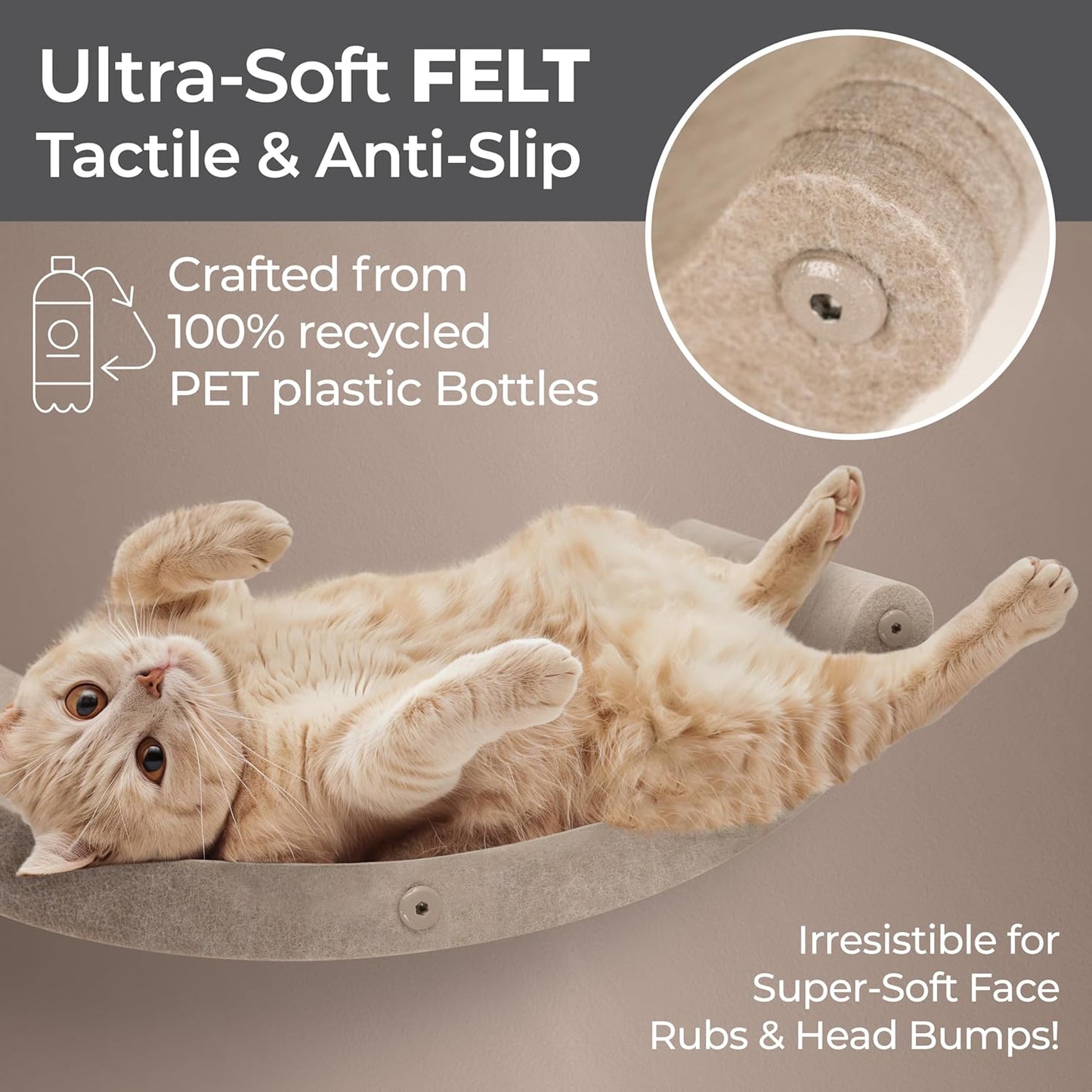 Wall Mounted Cat Hammock Bed by Pryde Pets - Floating Perch Curved Shelf, 100% Sustainable PET Felt Feline Enrichment Climber Furniture for Indoor Cats, Modern Climbing Gym Jungle Design (Oatmeal)