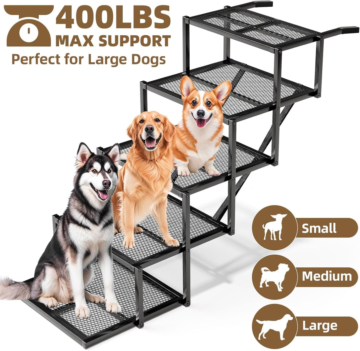 Dog Stairs for Large Dogs, Linvivon Extra Wide 20" Dog Steps with Non-Slip Surface and Reflective Strips, Outdoor Foldable Dog Ramp for Stairs, Car, Truck and SUV, Supports Up to 400LBS, 5 Steps