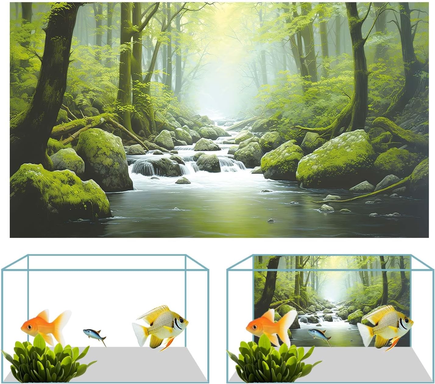 60X24IN Tropical Forest Terrarium Background, Natural Green Forest Tree Reptile Habitat Background, Misty Rainforest Aquarium Background, with 8 EVA Double-Sided Tape