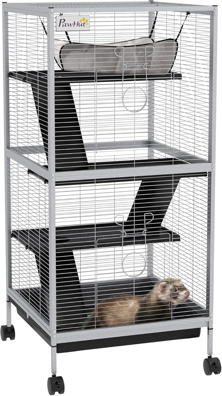 PawHut Metal Small Animal Cage, 4-Tiers Rolling Big Ferret Cage with Hammock, Removable Tray, for Chinchilla, Sugar Glider, White